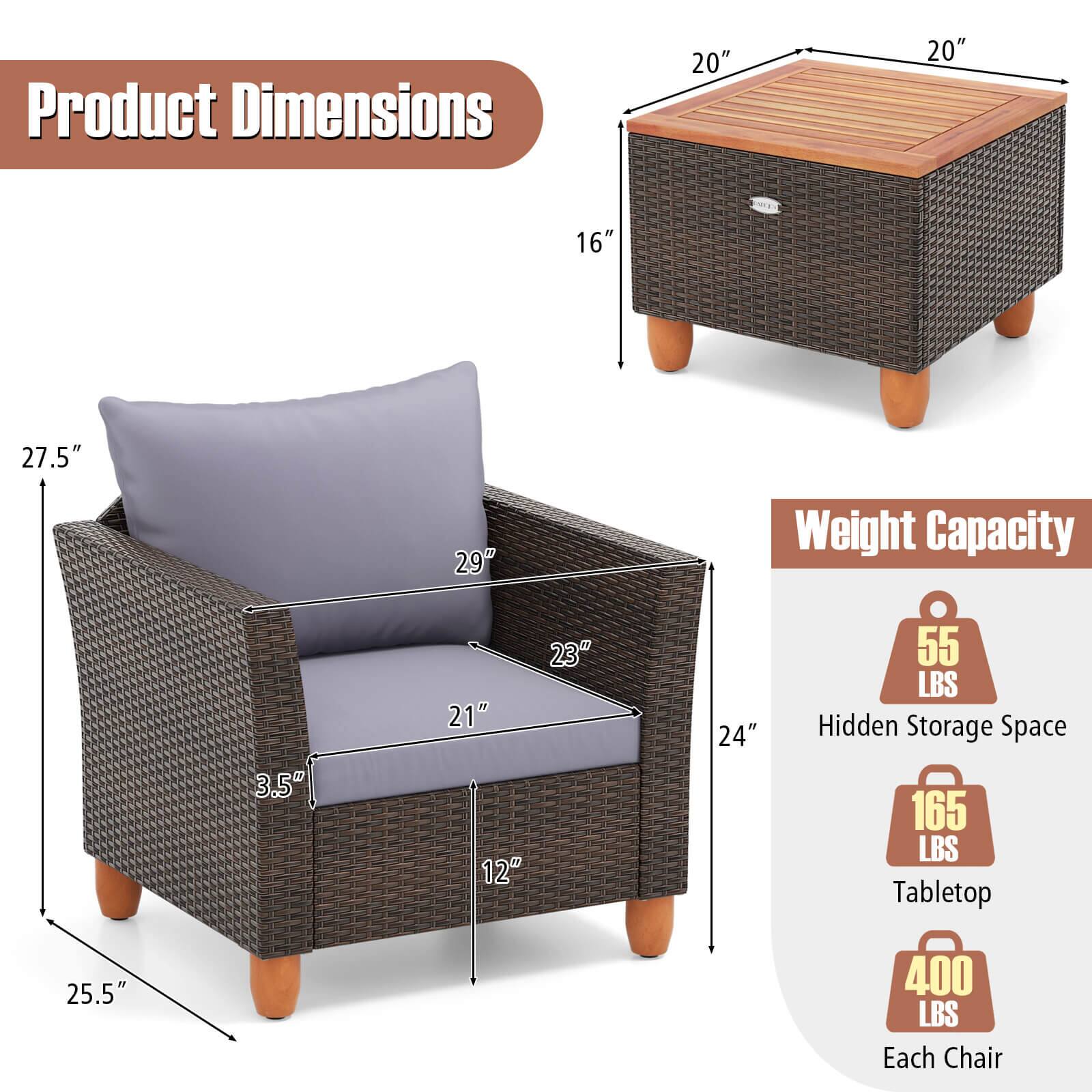 Product Dimensions: 20" x 20" x 16" x 27.5"
Weight Capacity: 29" x 24" x 55 LBS
Hidden Storage Space: 165 LBS
Tabletop: 25.5" x 400 LBS
Each Chair: 25.5" x 400 LBS