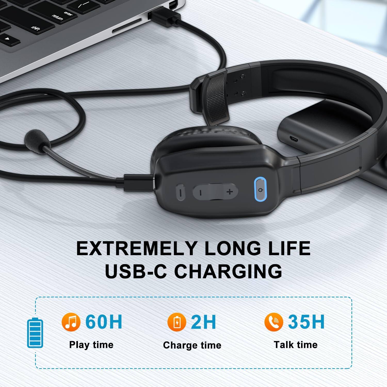 EXTREMELY LONG LIFE USB-C CHARGING

- Play time: 60H
- Charge time: 2H
- Talk time: 35H