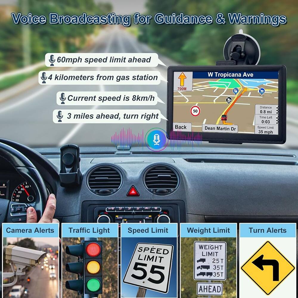 Voice Broadcasting for Guidance & Warnings

- 60mph speed limit ahead
- 4 kilometers from gas station
- Current speed is 8km/h
- 3 miles ahead, turn right
- Back 50 Dean Martin Dr
- Time Left 0:03
- Speed Limit 35 mph

Camera Alerts
Traffic Light
Speed Limit
Weight Limit
Turn Alerts

SPEED LIMIT 55
WEIGHT LIMIT 25T 35T 35T AHEAD
