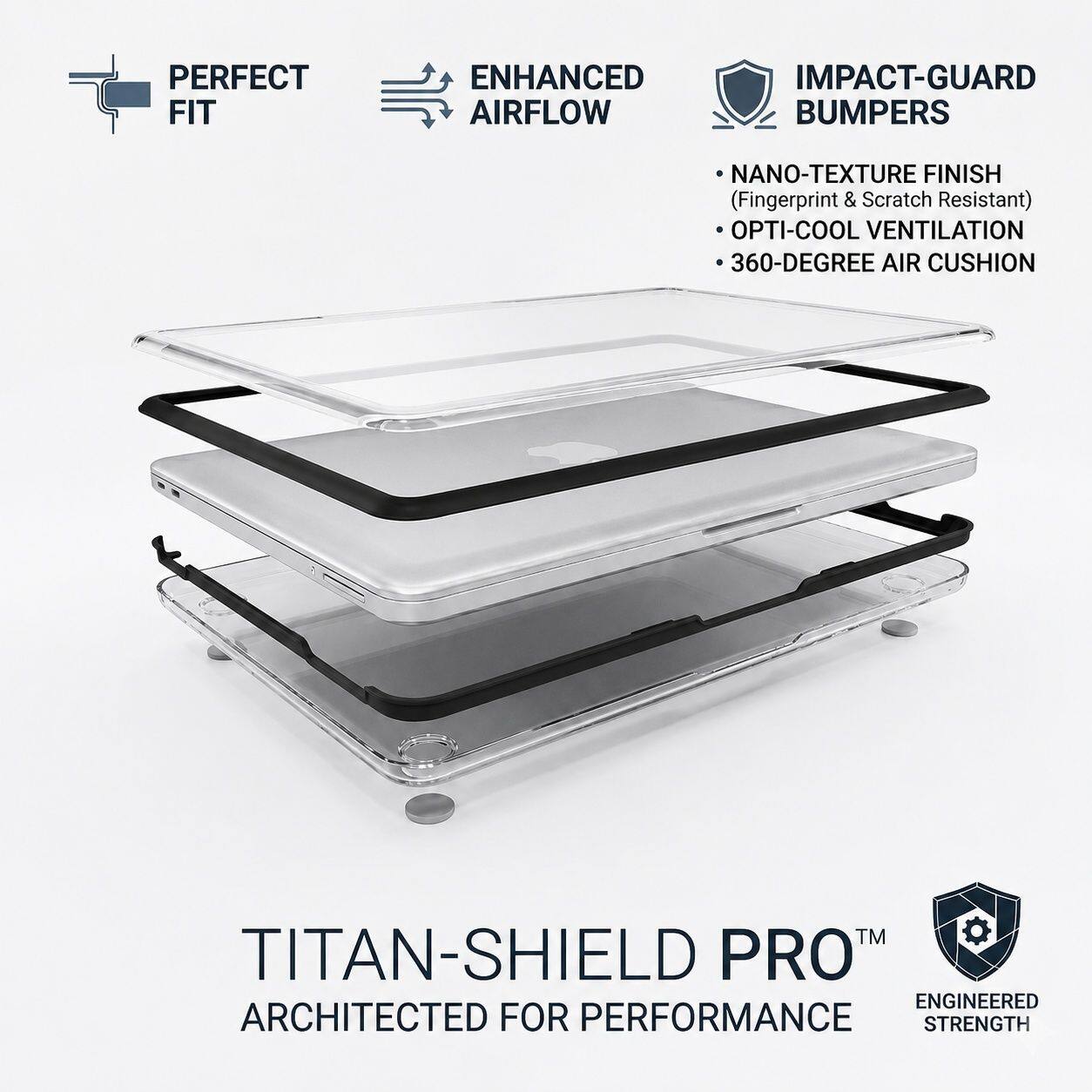 PERFECT FIT  
ENHANCED AIRFLOW  
IMPACT-GUARD BUMPERS  
NANO-TEXTURE FINISH (Fingerprint & Scratch Resistant)  
OPTI-COOL VENTILATION  
360-DEGREE AIR CUSHION™  
TITAN-SHIELD PRO™  
ENGINEERED FOR PERFORMANCE STRENGTH