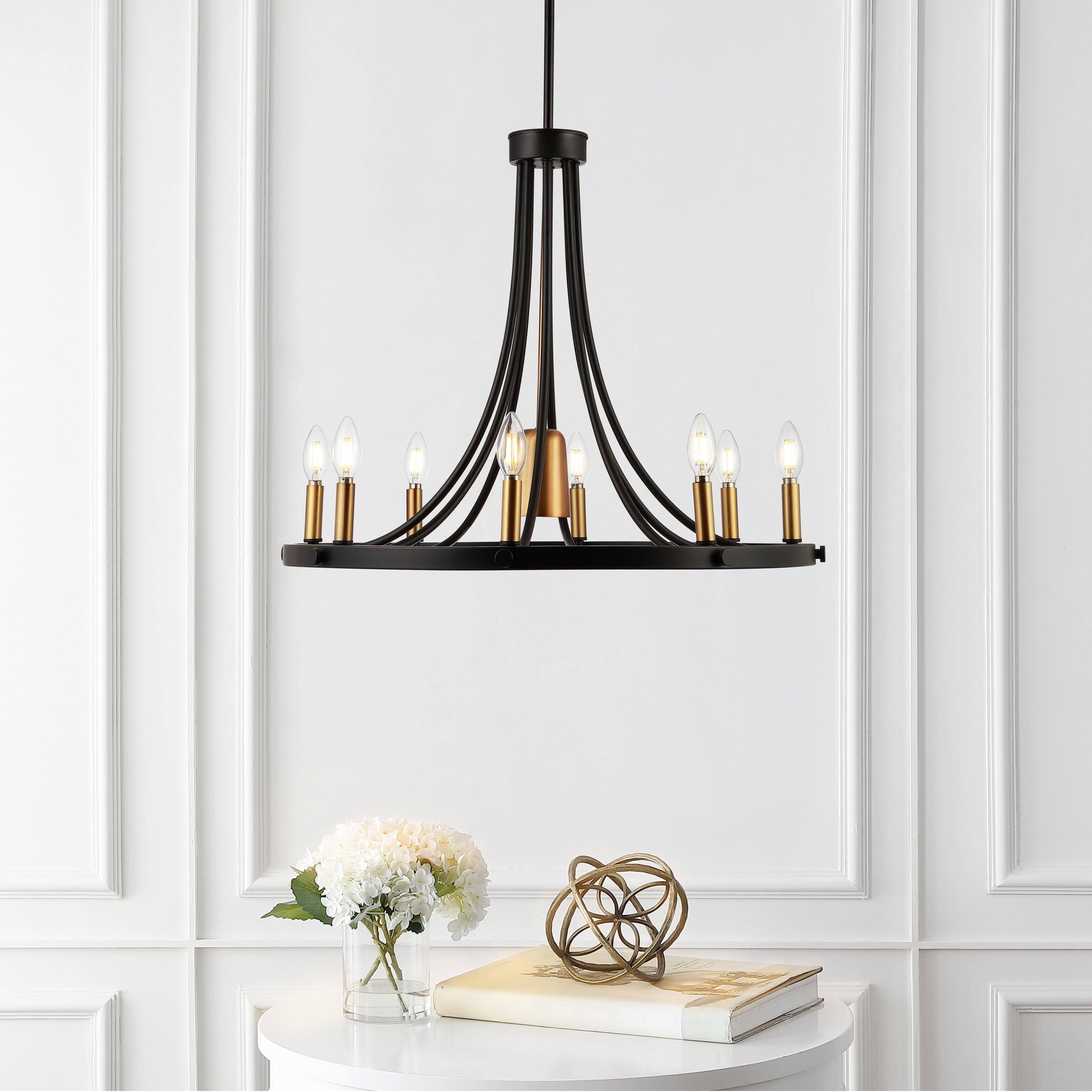 Alt View 7. Jonathan Y - Dante 26.75" 9-Light Transitional Modern Iron Adjustable Wagon Wheel LED Chandelier with Downlight, Black/Brass Gold - Black/Brass Gold.