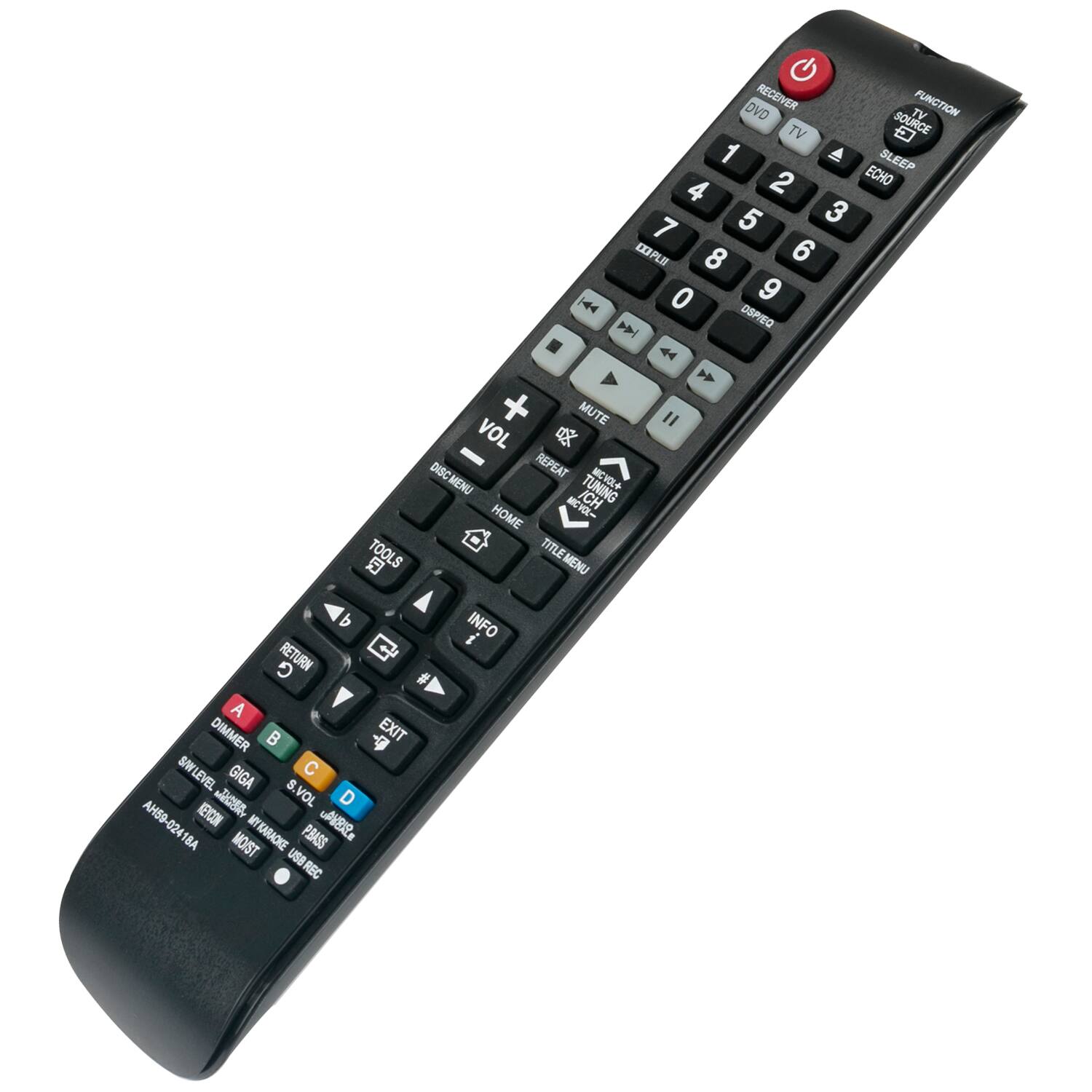 DVD RECEIVER FUNCTION TV TV SOURCE 1 A SLEEP 2 ECHO 4 5 3 7 EXRPLI 8 6 0 9 44 D OSPIEQ . 44 A  + MUTE " VOL x DISC REPEAT MENU TUNING MV- ICH HOME  TOOLS TITLEMENU b INFO i RETURN # A Y DIMMER  4 EXIT SIN S/LEVEL C GIGA S. JIGEA VOL D AH59-02418A KEYCON 8 B MOIST MYKARAOKE PBASS UB REC