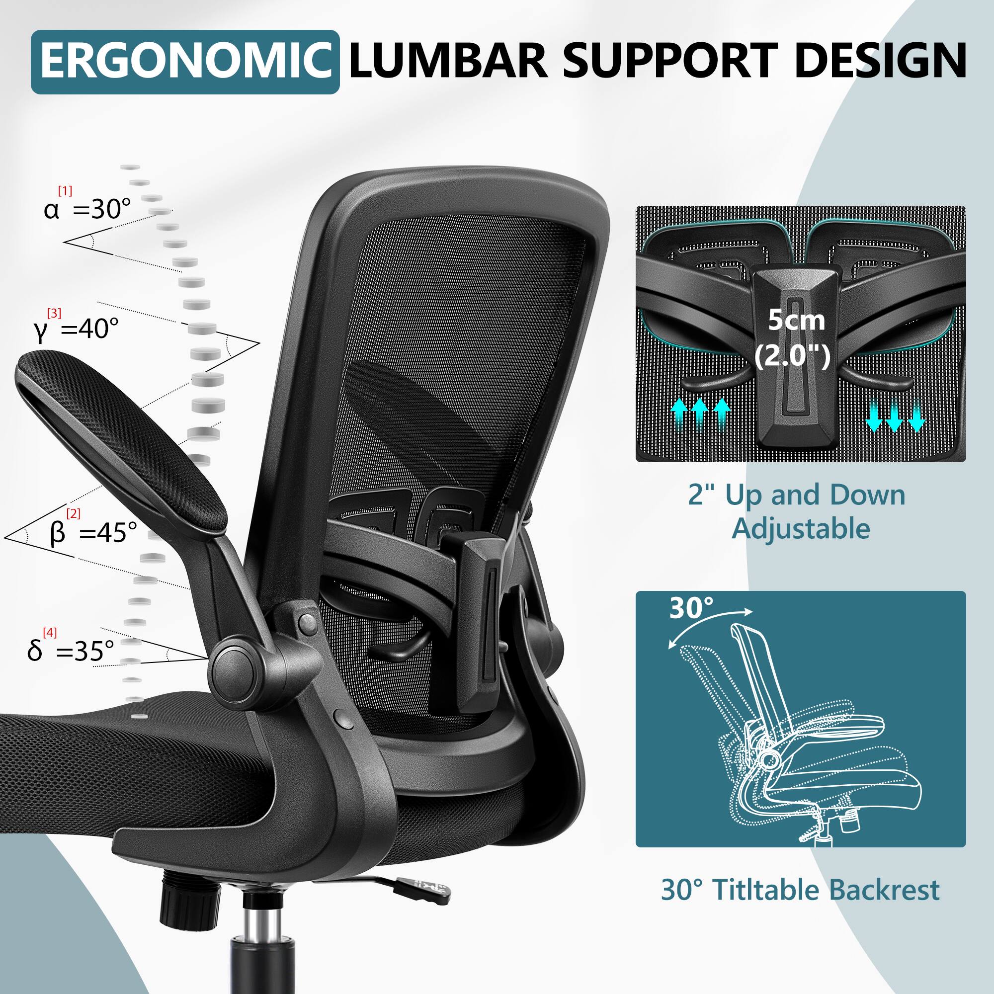 ERGONOMIC LUMBAR SUPPORT DESIGN

- α = 30°
- γ = 40°
- β = 45°
- δ = 35°

5cm (2.0") 2" Up and Down Adjustable

30° Tilttable Backrest