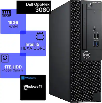 Dell OptiPlex 3060
16GB RAM
Intel i5 HEXA CORE
1TB HDD + 16GB Optane
Windows 11 Pro
