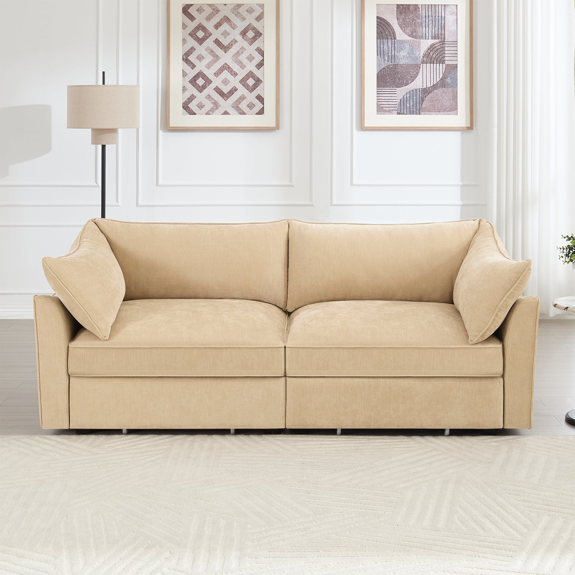 Aukfa - 2-Seater Sofa with Pull-Out Storage Drawers - Crescent-Shaped Armrests, Chenille Fabric, Wraparound Cushions - Hazelwood