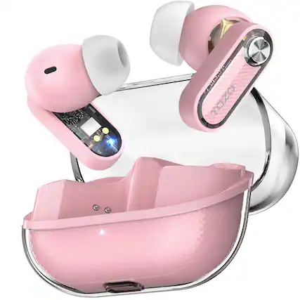 Front. TOZO - TOZO Hybrid ANC Wireless Earbuds, 10mm Drivers Deep Bass, 4 Mics ENC AI Calls, 32 EQ, Bluetooth 5.4, Crystal Case - Pink.