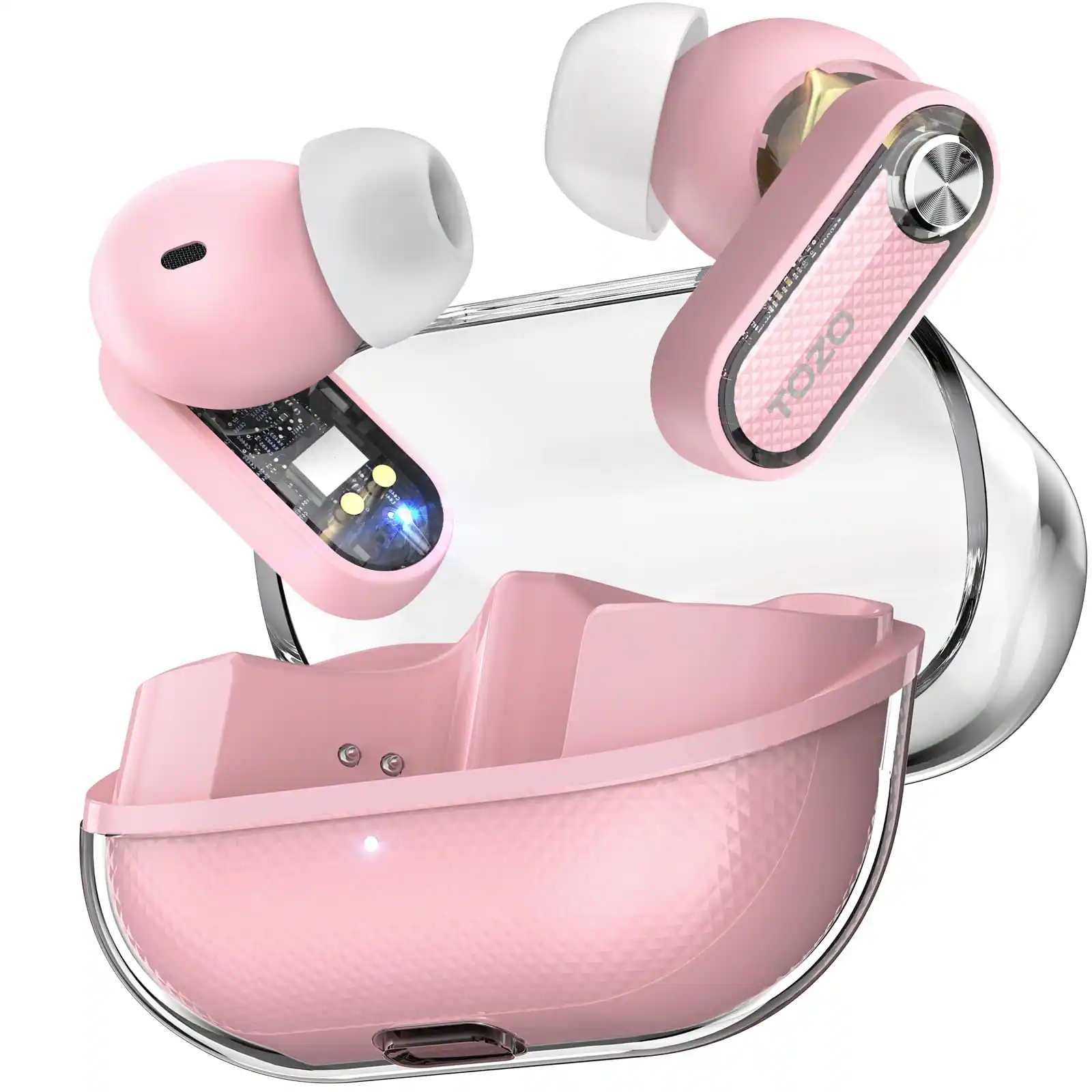 TOZO - Hybrid ANC Wireless Earbuds, 10mm Drivers Deep Bass, 4 Mics ENC AI Calls, 32 EQ, Bluetooth 5.4, Crystal Case - Pink