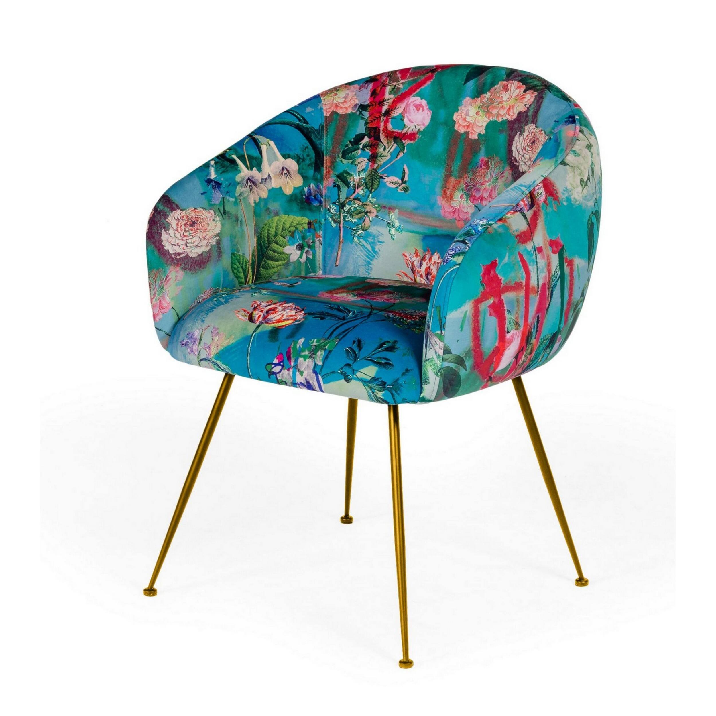 Front. Manhattan Lane - 25 Inch Dining Chair, Floral Design,  Legs,  Velvet Upholstery - Blue, Gold, Multicolor.