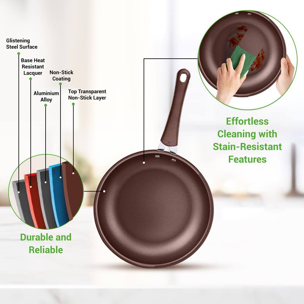 Glistening Steel Surface  
Base Heat Resistant Lacquer  
Non-Stick Coating  
Aluminium Alloy  
Top Transparent Non-Stick Layer  

Effortless Cleaning with Stain-Resistant Features  

Durable and Reliable