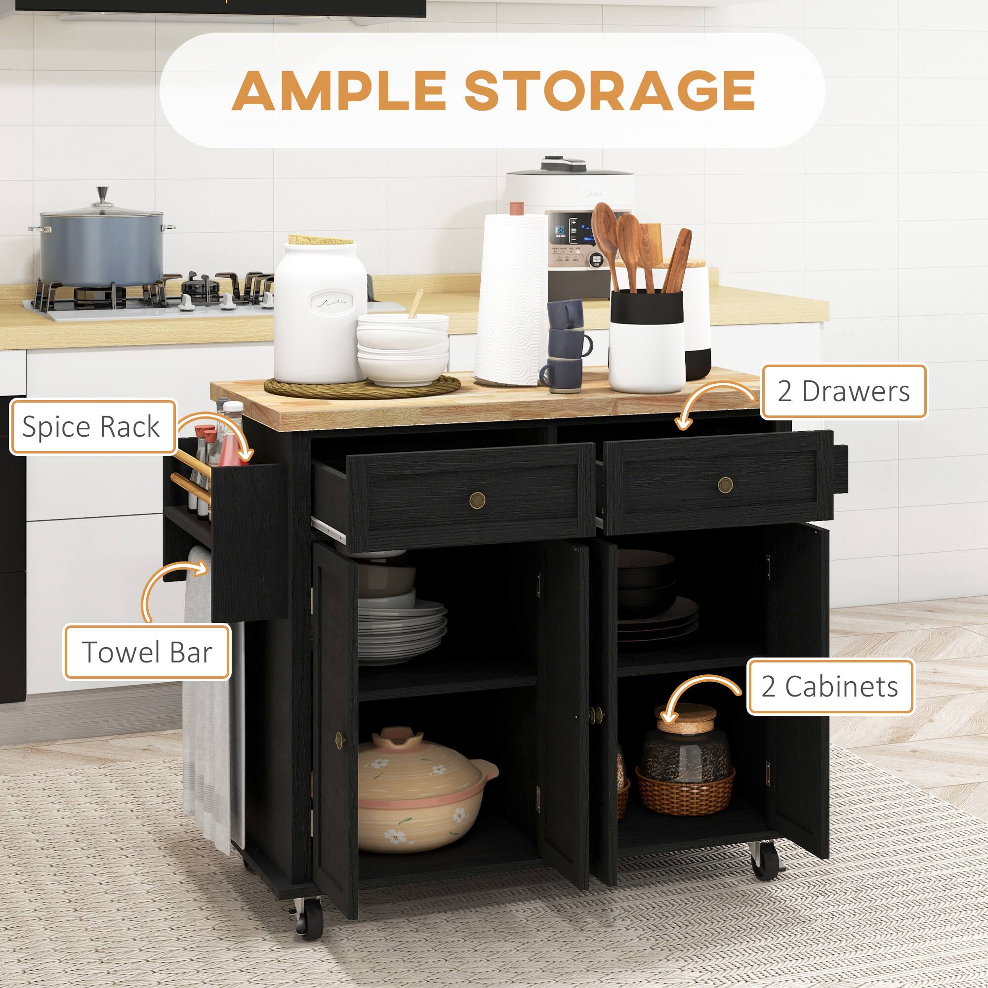 A - AMPLE STORAGE
B - Spice Rack
C - 2 Drawers
D - Towel Bar
E - 2 Cabinets
