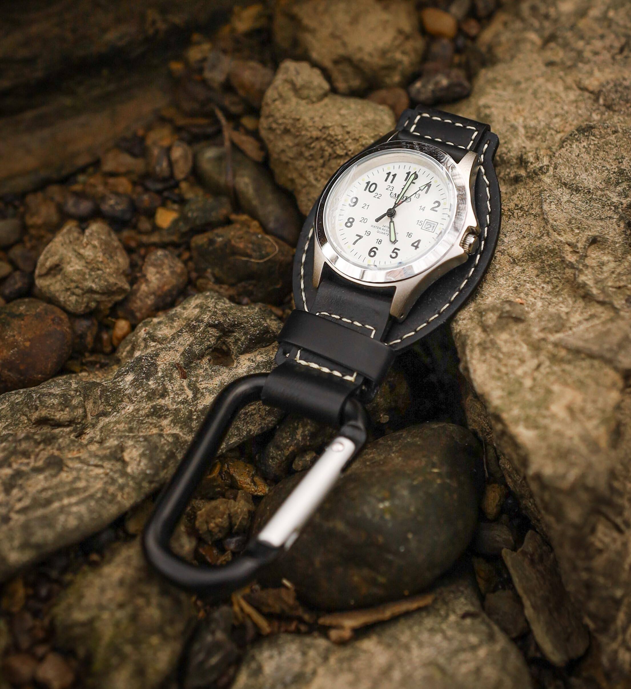 Back. Dakota - Leather Field Clip, Clip Watch, Leather Fob Strap, Lightweight Dress Watch, Outdoor Gifts for Men and Women, - Black.