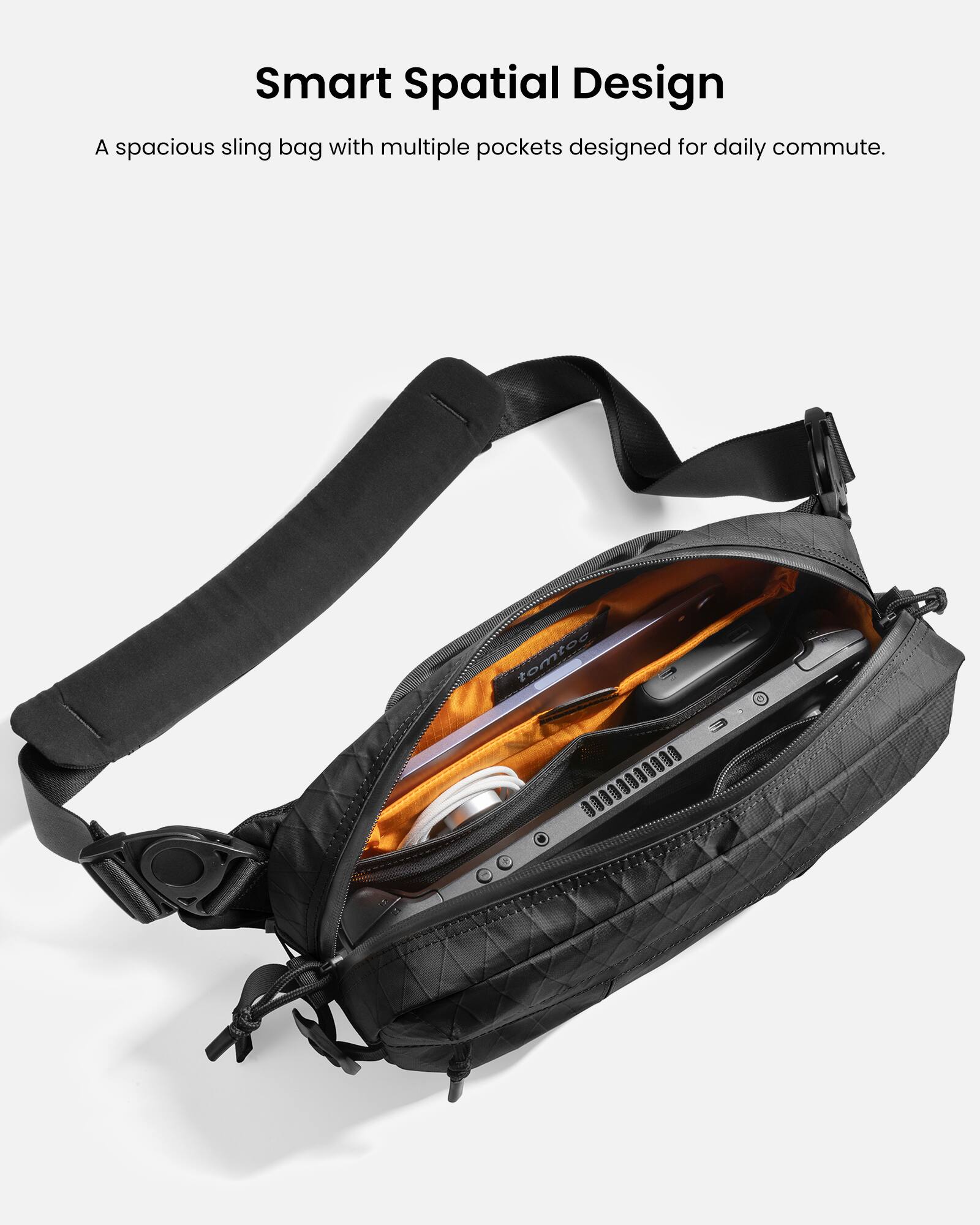 Smart Spatial Design: A spacious sling bag with multiple pockets designed for daily commute.