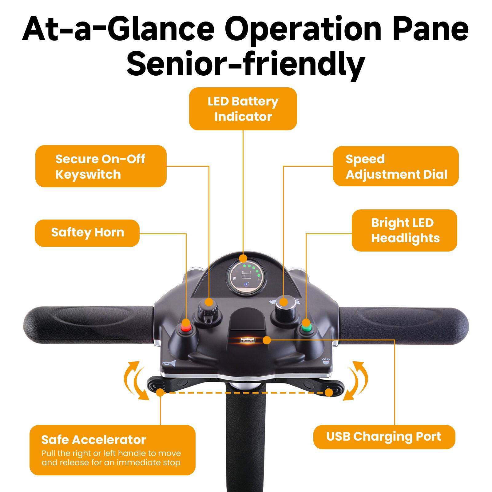 At-a-Glance Operation Pane  
Senior-friendly  

- LED Battery Indicator  
- Secure On-Off Keyswitch  
- Speed Adjustment Dial  
- Safety Horn  
- Bright LED Headlights  
- Safe Accelerator (Pull the right or left handle to move and release for an immediate stop)  
- USB Charging Port