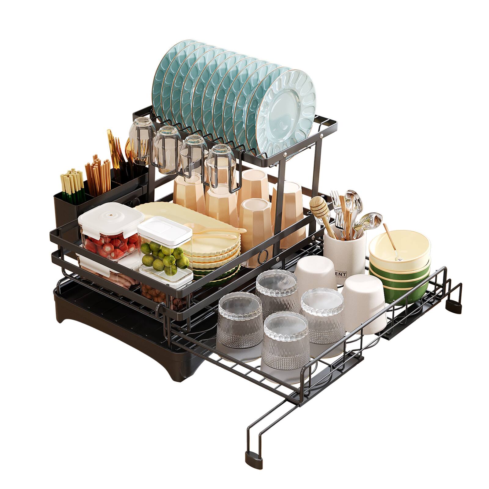Front. Malletson - Dish Drying Rack,Extendable Dish Rack with Cutlery Holder, Anti-Rust Black Dish Racks for Kitchen Counter - Black.