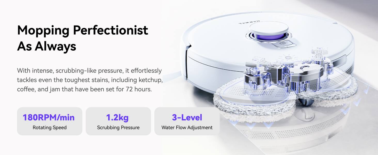Mopping Perfectionist As Always: With intense, scrubbing-like pressure, it effortlessly tackles even the toughest stains, including ketchup, coffee, and jam that have been set for 72 hours. 180RPM/min Rotating Speed, 1.2kg Scrubbing Pressure, 3-Level Water Flow Adjustment.