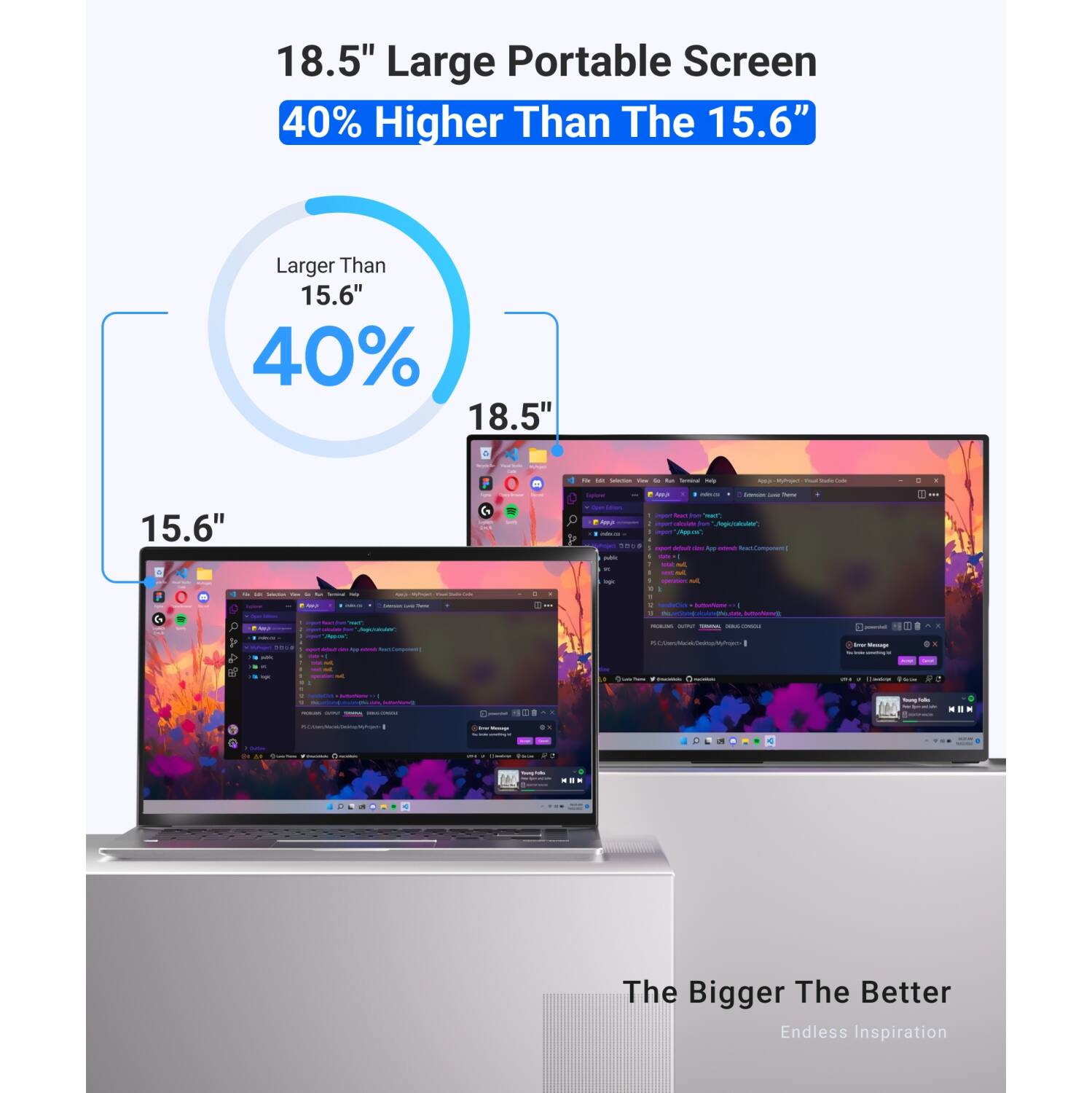 18.5" Large Portable Screen 40% Higher Than The 15.6"

Larger Than 15.6" 40% 18.5"

The Bigger The Better
Endless Inspiration