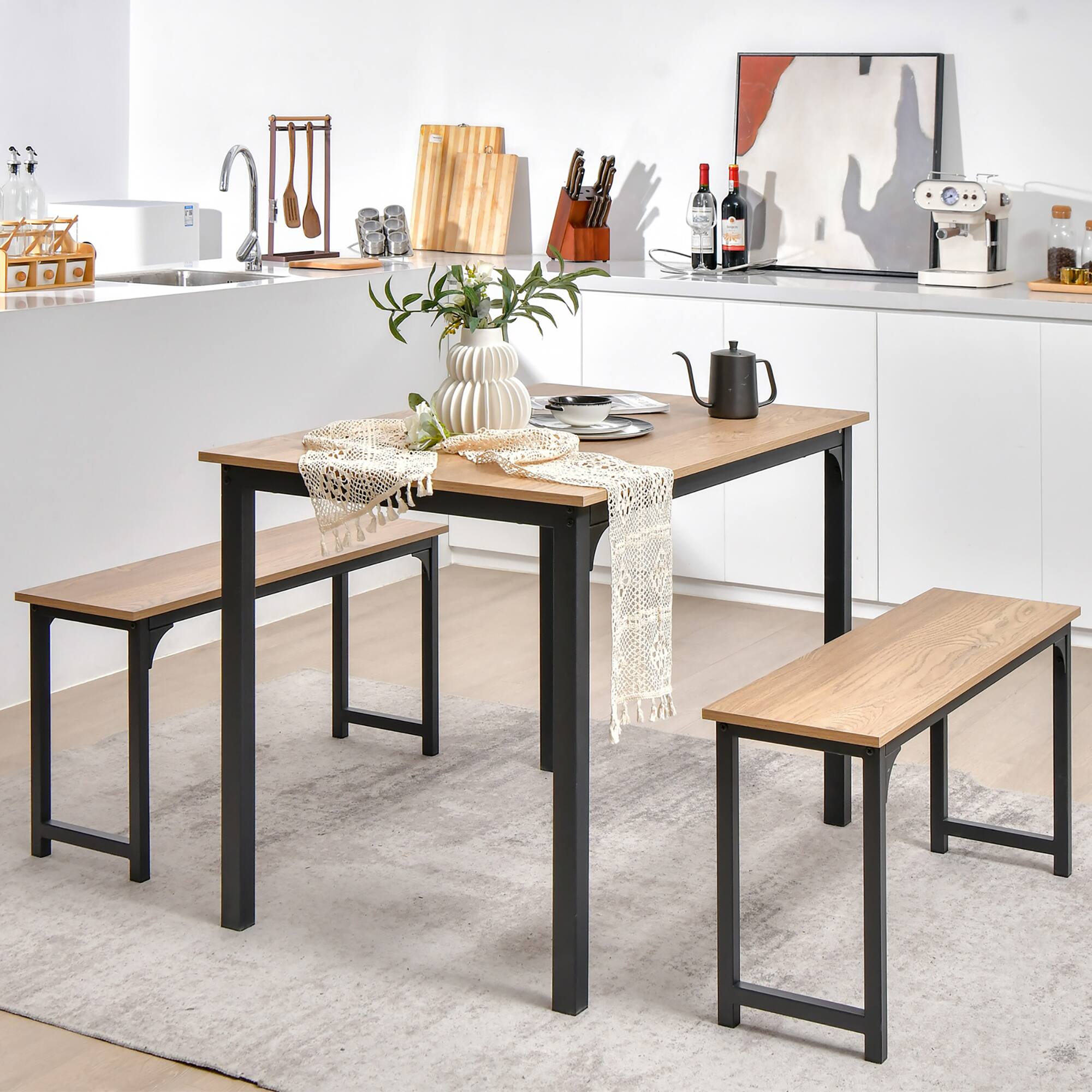 Alt View 3. Costway - 3pcs Dining Table Set Modern Studio Collection Table and 2 Bench Nature - Nature and Black.