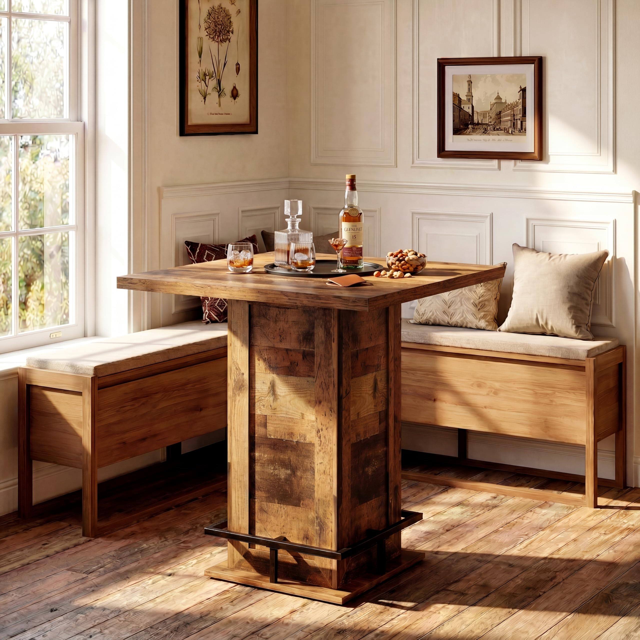 Back. Tribesigns - 39.4-Inch Tall Square Bar Table with MDF Pedestal, Metal Base and Footrest for Kitchen or Bistro - Dark Brown.