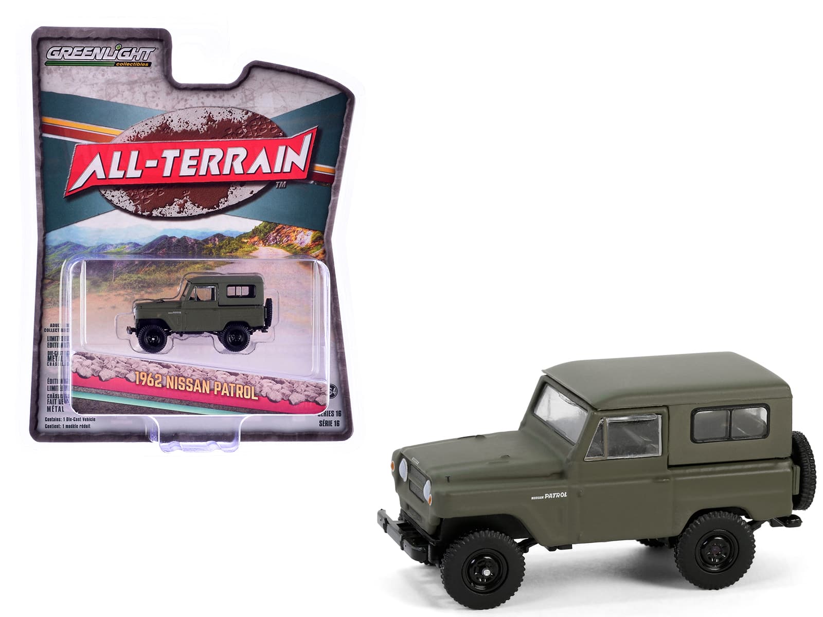 "1962 Nissan Patrol Matt Olive Green ""All Terrain"" Series 16 1/64 Diecast Model Car by Greenlight" price history on PriceWatchPro