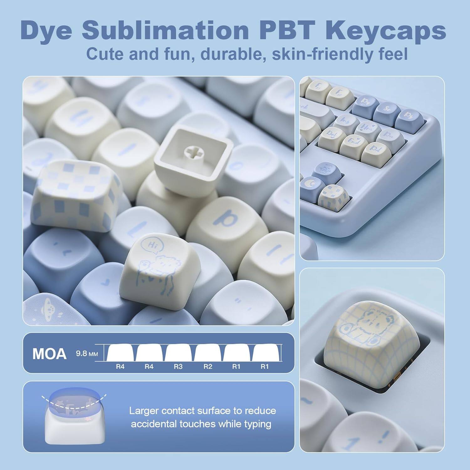 Dye Sublimation PBT Keycaps: Cute and fun, durable, skin-friendly feel. Hi C p. Fe of Pi Se bs Del. p C 1/ I / Ps MOA 9.8 MM R4 R4 R3 R2 R1 R1. Larger contact surface to reduce accidental touches while typing.