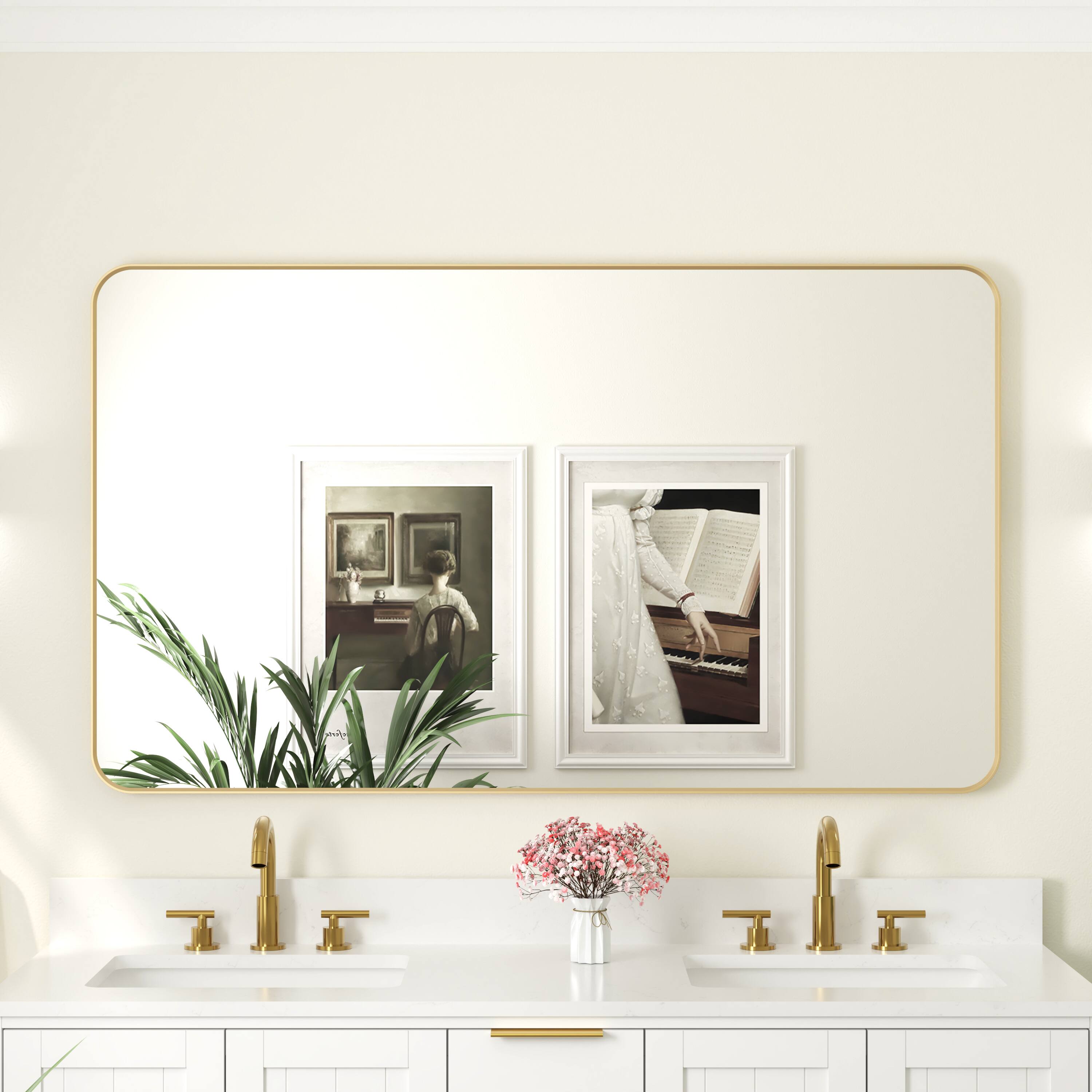 Left. WELLFOR - 55 in. W x 32 in. H Rectangular Aluminum Framed Wall Bathroom Vanity Mirro - Brushed Gold.