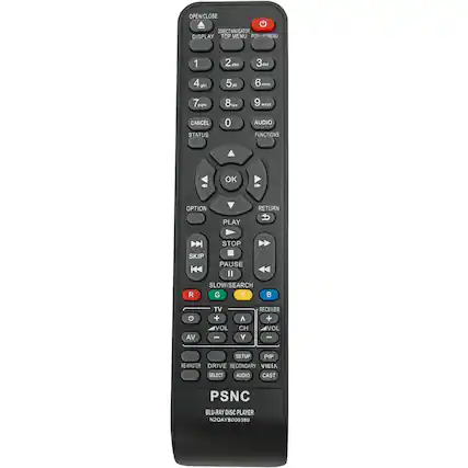 OPEN/CLOSE
DIRECT NAVIGATOR
DISPLAY
TOP MENU
POP-UP MENU
1
2 abc
3 def
4 ghi
5 jkl
6 mno
7 pqrs
8 tuv
9 wxyz
0
CANCEL
STATUS
AUDIO FUNCTIONS
OK
OPTION
RETURN
PLAY
STOP
SKIP
PAUSE
SLOW/SEARCH
R
G
Y
B
TV
VOL +
VOL -
CH +
CH -
SETUP
PIP
SECONDARY
VIEW
AUDIO
CAST
RE-MASTER
DRIVE
SELECT
PSNC
BLU-RAY DISC PLAYER
N2OAYB000380