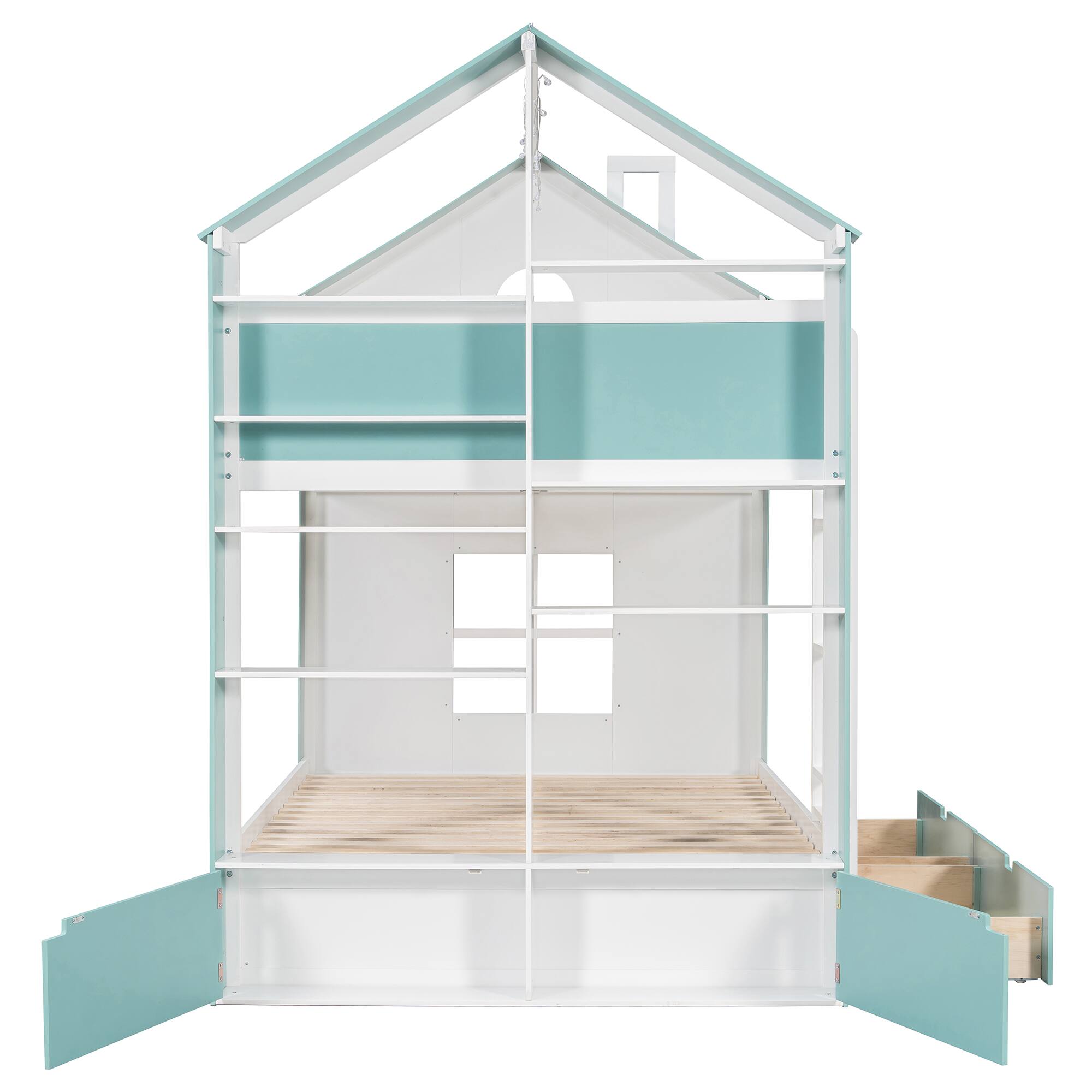 Alt View 1. Anysun - Full Size Bunk Bed with Storage Drawers & Shelves, Two-Tone Wood, Light Strip, Space-Saving Bedroom Furniture - Blue.