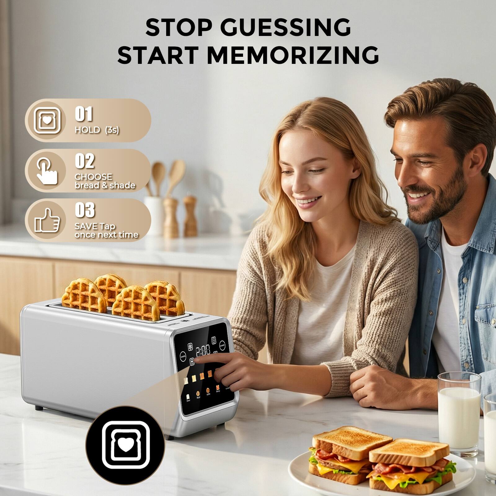 STOP GUESSING  
START MEMORIZING

01 HOLD (3s)  
02 CHOOSE bread & shade  
03 SAVE Tap once next time