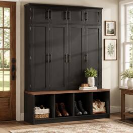 RYHNUYNE - Farmhouse Hall Tree, Walnut Seating Bench, 8 Doors, 4 Hooks, Entryway Shoe Cabinet - Black