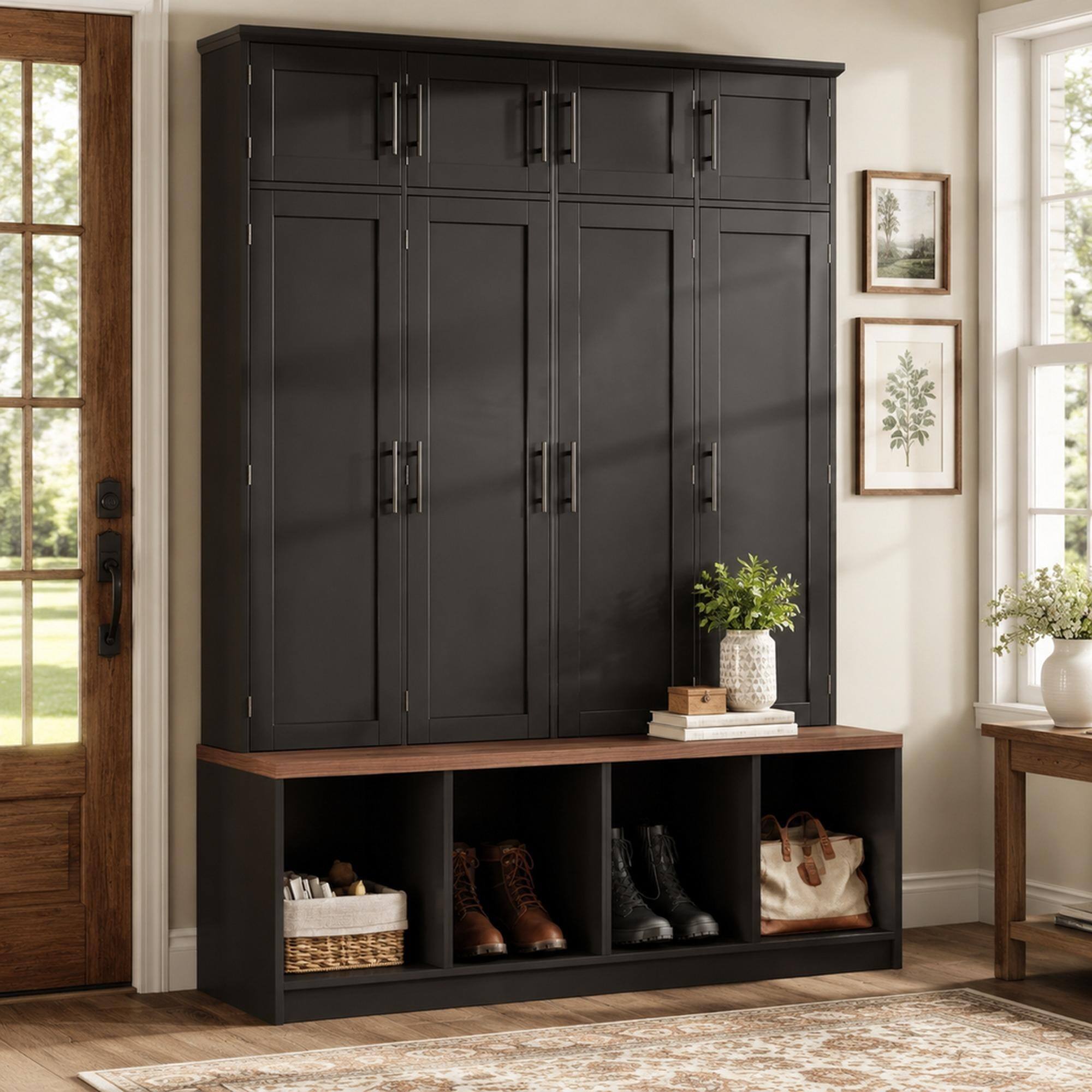 Front. RYHNUYNE - Farmhouse Hall Tree, Walnut Seating Bench, 8 Doors, 4 Hooks, Entryway Shoe Cabinet, Black - Black.