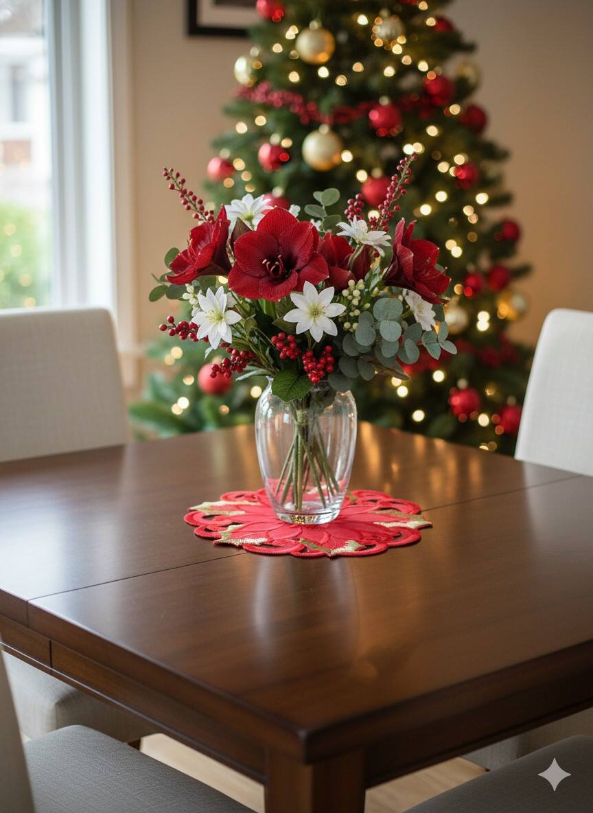 Back. Jiallo - Poinsettia and Green Leaf Embroidered Cutwork Round Placemat, 23-Inch diameter Table Linen - Red.