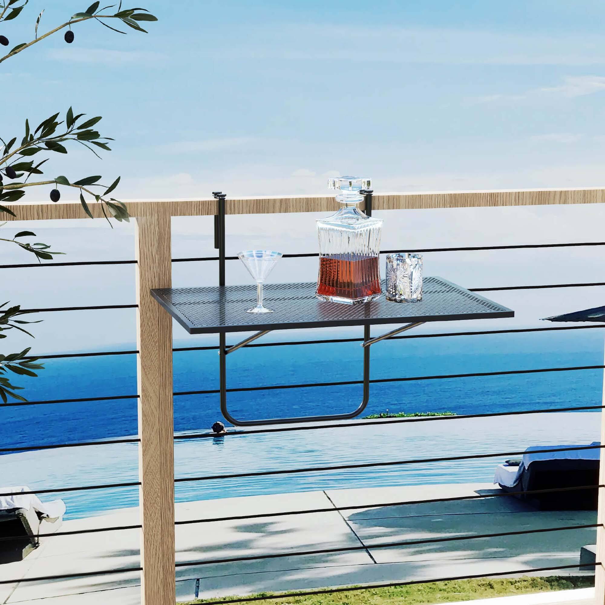 Alt View 3. Costway - Costway Balcony Railing Table with Adjustable Hooks Hanging Folding Deck Table Plant Stand - Black.