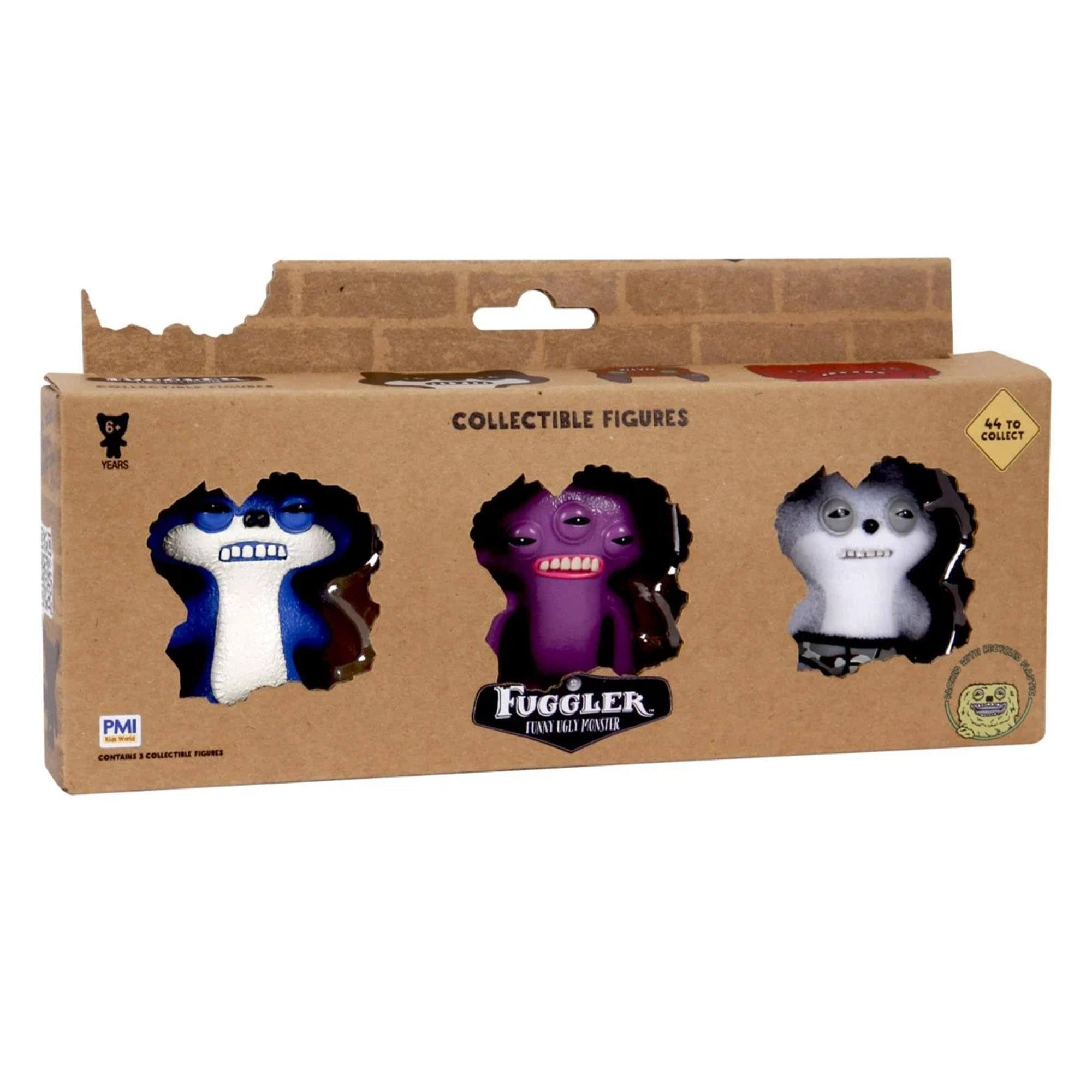 Sure, here is the corrected and grouped text from the image:

---

**Top Left:**
- 6+ YEARS

**Top Center:**
- COLLECTIBLE FIGURES

**Top Right:**
- 44 TO COLLECT

**Center:**
- FUGGLER
- FUNNY UGLY MONSTER

**Bottom Left:**
- PMI
- CONTAINS 3 COLLECTIBLE FIGURES

**Bottom Right:**
- (Logo with a smiling face)

**Bottom Center:**
- (FUGGLER logo)

---