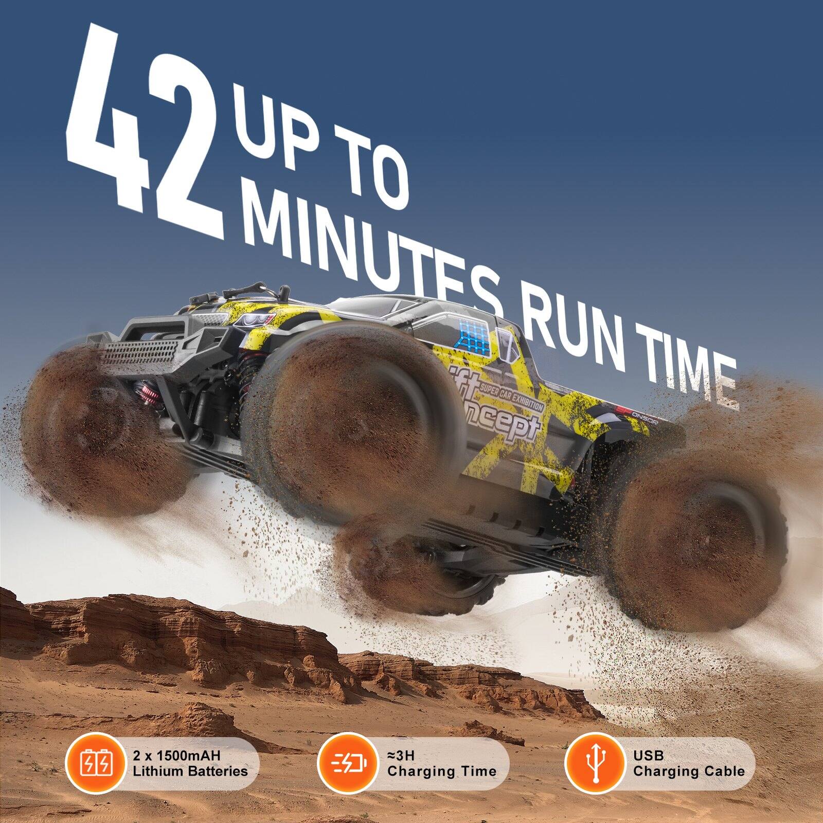 42 UP TO MINUTES RUN TIME

- 2 x 1500mAh Lithium Batteries
- ~3H Charging Time
- USB Charging Cable