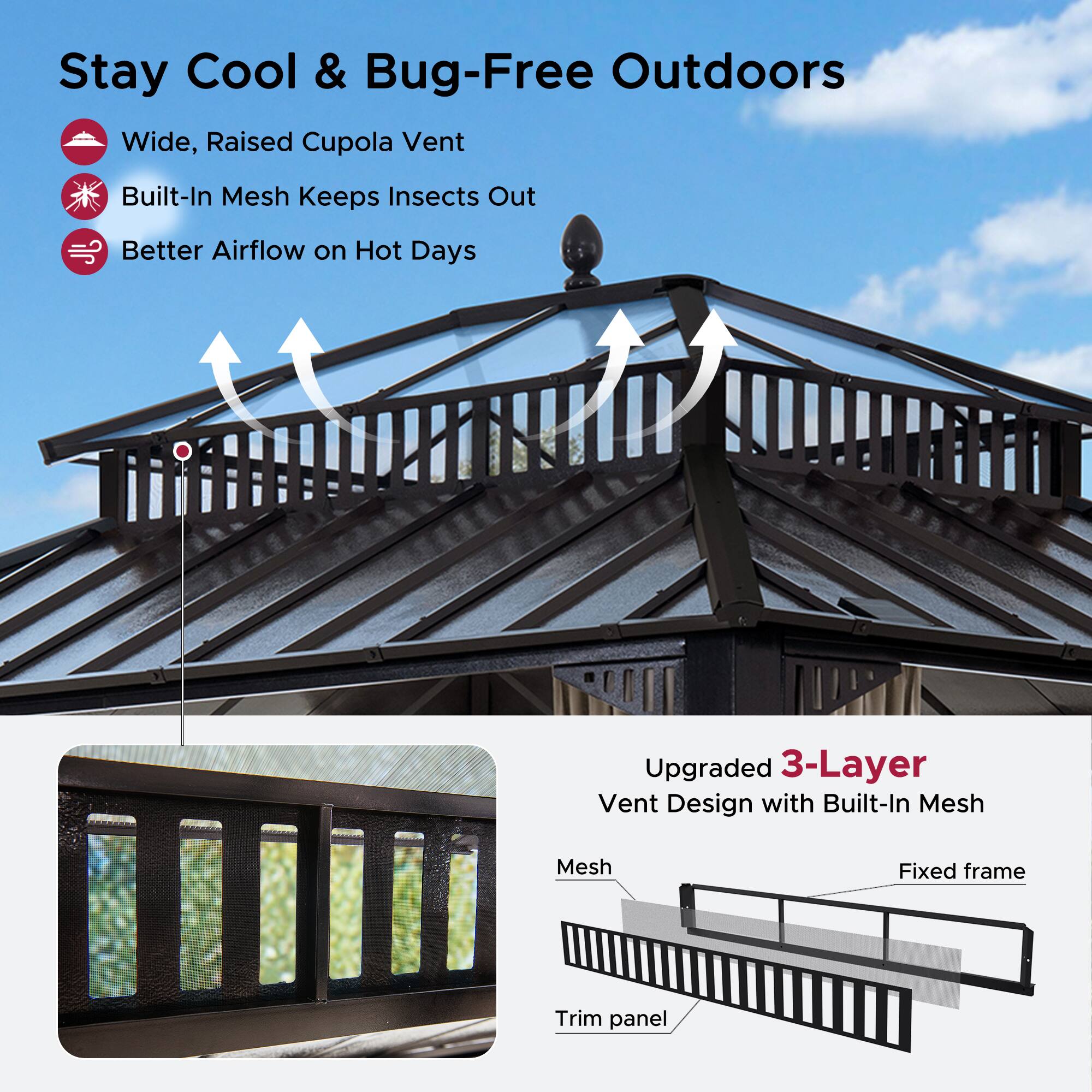 Stay Cool & Bug-Free Outdoors

- Wide, Raised Cupola Vent
- Built-In Mesh Keeps Insects Out
- Better Airflow on Hot Days

Upgraded 3-Layer Vent Design with Built-In Mesh

- Mesh
- Fixed frame
- Trim panel