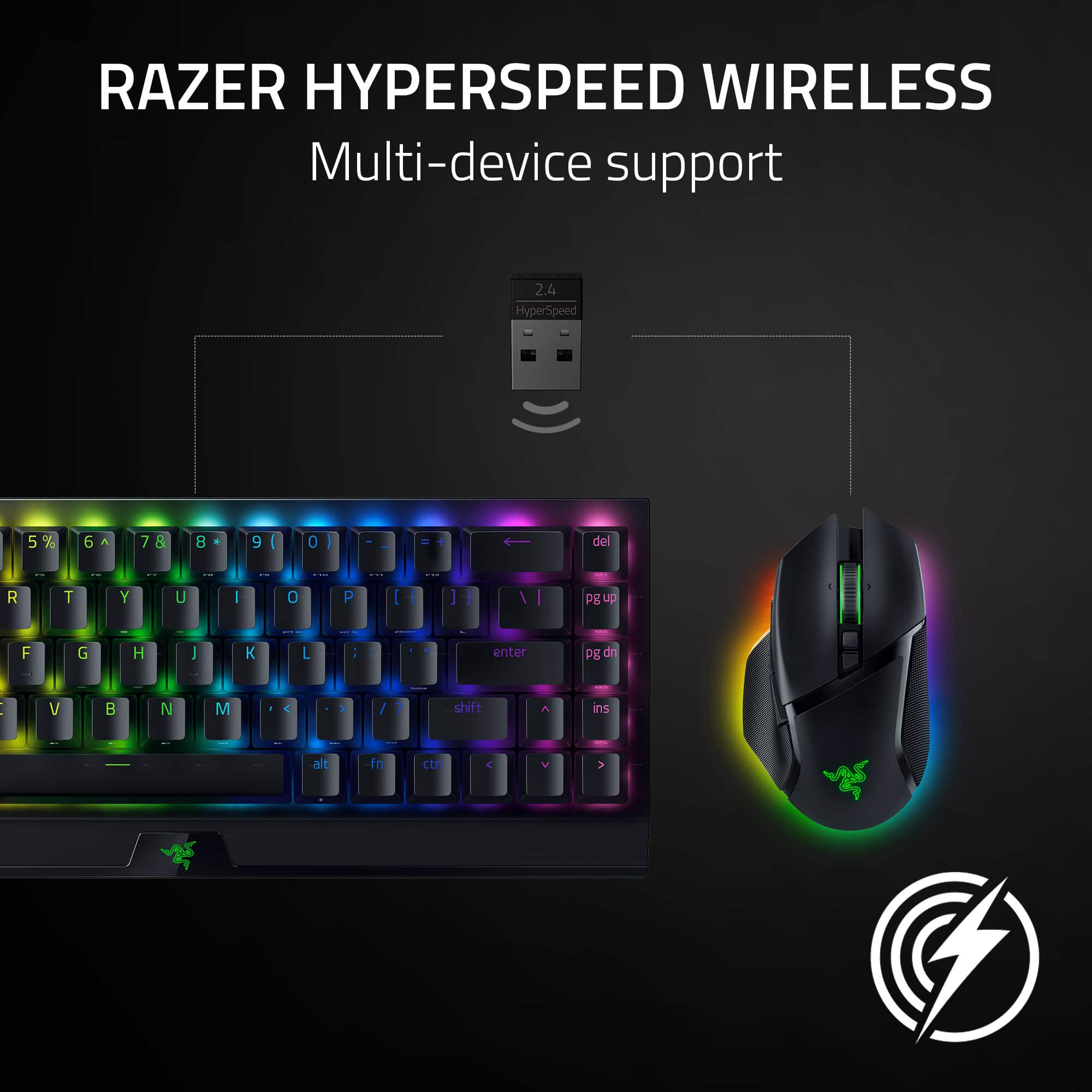 RAZER HYPERSPEED WIRELESS Multi-device support 2.4 HyperSpeed 5% 6 A 7 & B 9 I 0 I I del R T Y U : 0 P I I - / DE up F G H - K L : enter PB on : V B N M C / 7 shift is at fn ct < >
