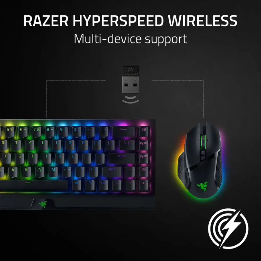 RAZER HYPERSPEED WIRELESS Multi-device support 2.4 HyperSpeed 5% 6 A 7 & B 9 I 0 I I del R T Y U : 0 P I I - / DE up F G H - K L : enter PB on : V B N M C / 7 shift is at fn ct < >