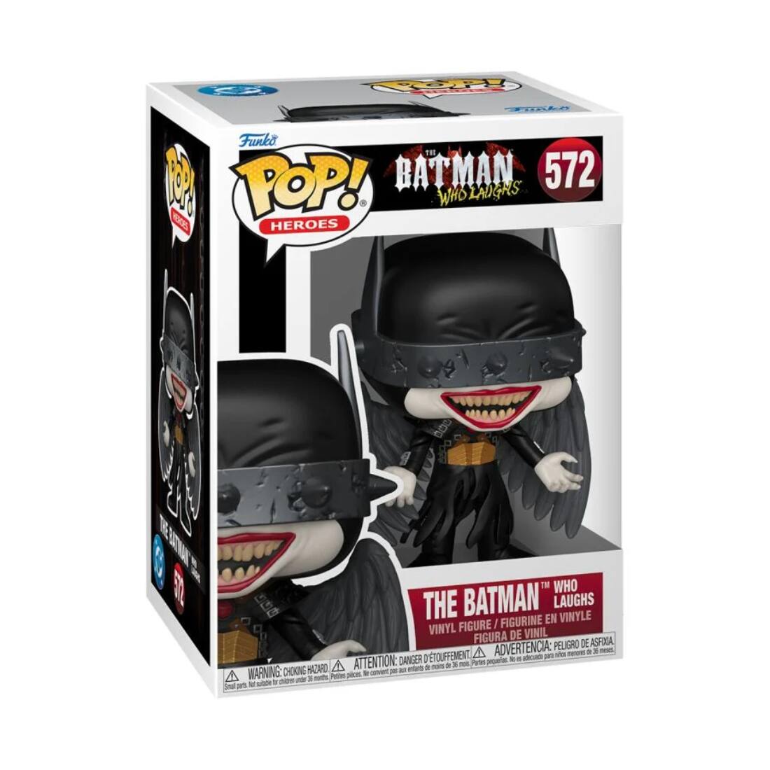 Funko POP!  
HEROES  

BATMAN  
572  
WHO LAUGHS  

VINYL FIGURE / FIGURINE EN VINYLE / FIGURA DE VINIL  

WARNING: CHOKING HAZARD - Small parts. Not for children under 3 years.  
ATTENTION: PELIGRO DE ASFIXIA - Pequeñas piezas. No es adecuado para niños menores de 3 años.  
ADVERTENCIA: DANGER - Pequeñas piezas. No es adecuado para niños menores de 3 años.