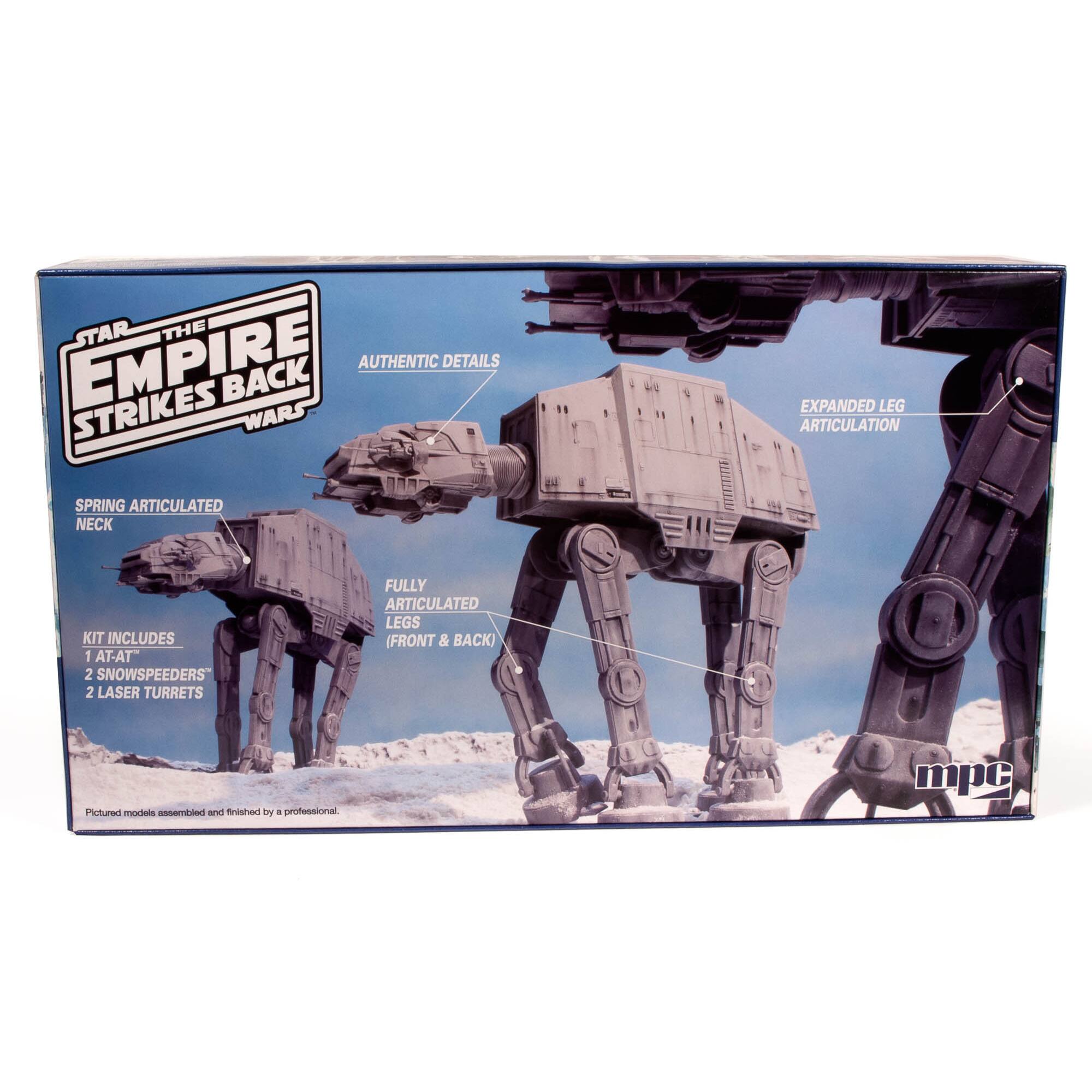 The text on the image reads: "Star Wars: The Empire Strikes Back Authentic Details Expanded Leg Articulation Spring Articulated Neck Kit Includes 1 AT-AT 2 Snowspeeders 2 Laser Turrets Fully Articulated Legs (Front & Back) Piotured models assembled by a professional MPC."