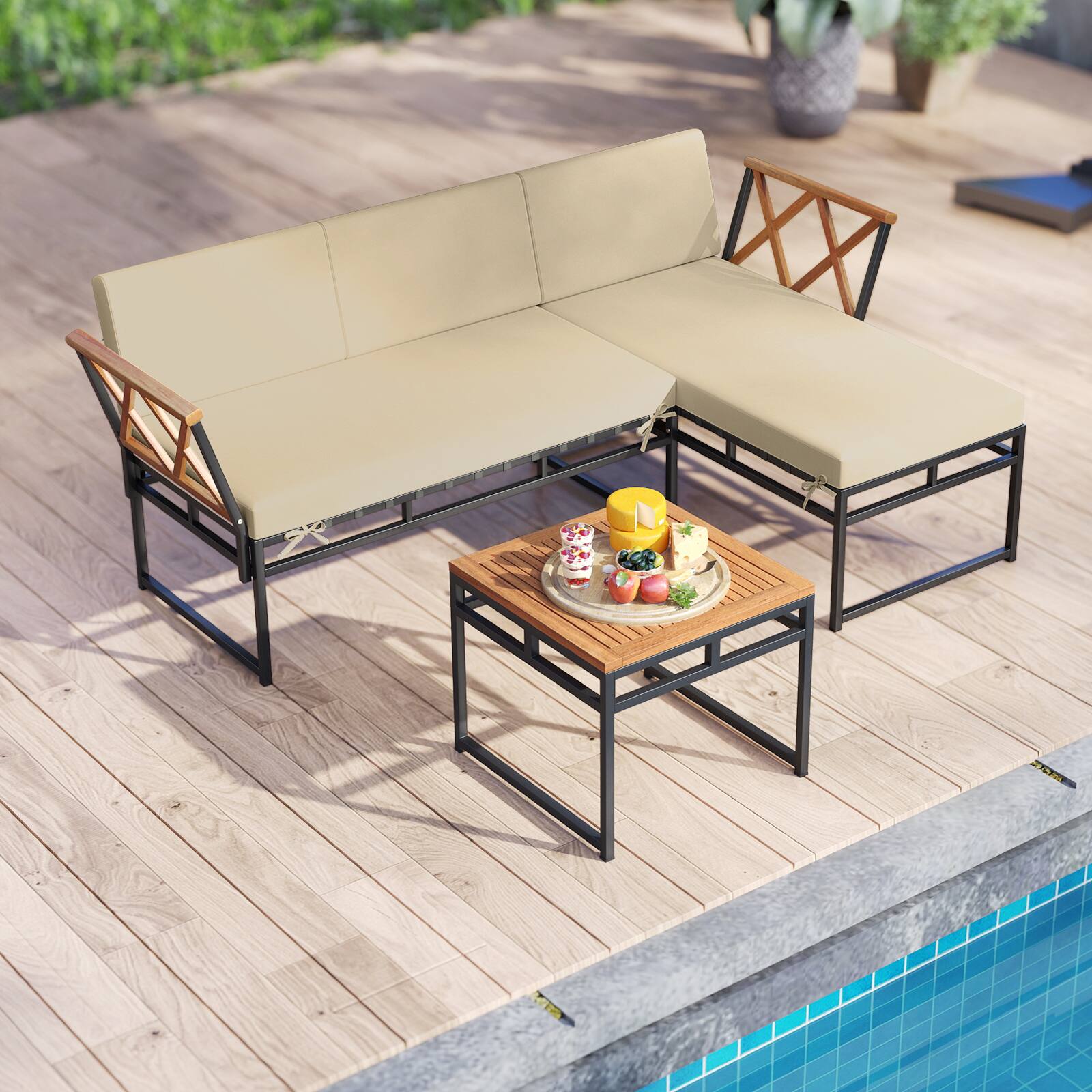 Alt View 1. Costway - Costway 3 PCS L-Shaped Patio Furniture Set with Loveseat Square Coffee Table Soft Back - Beige.