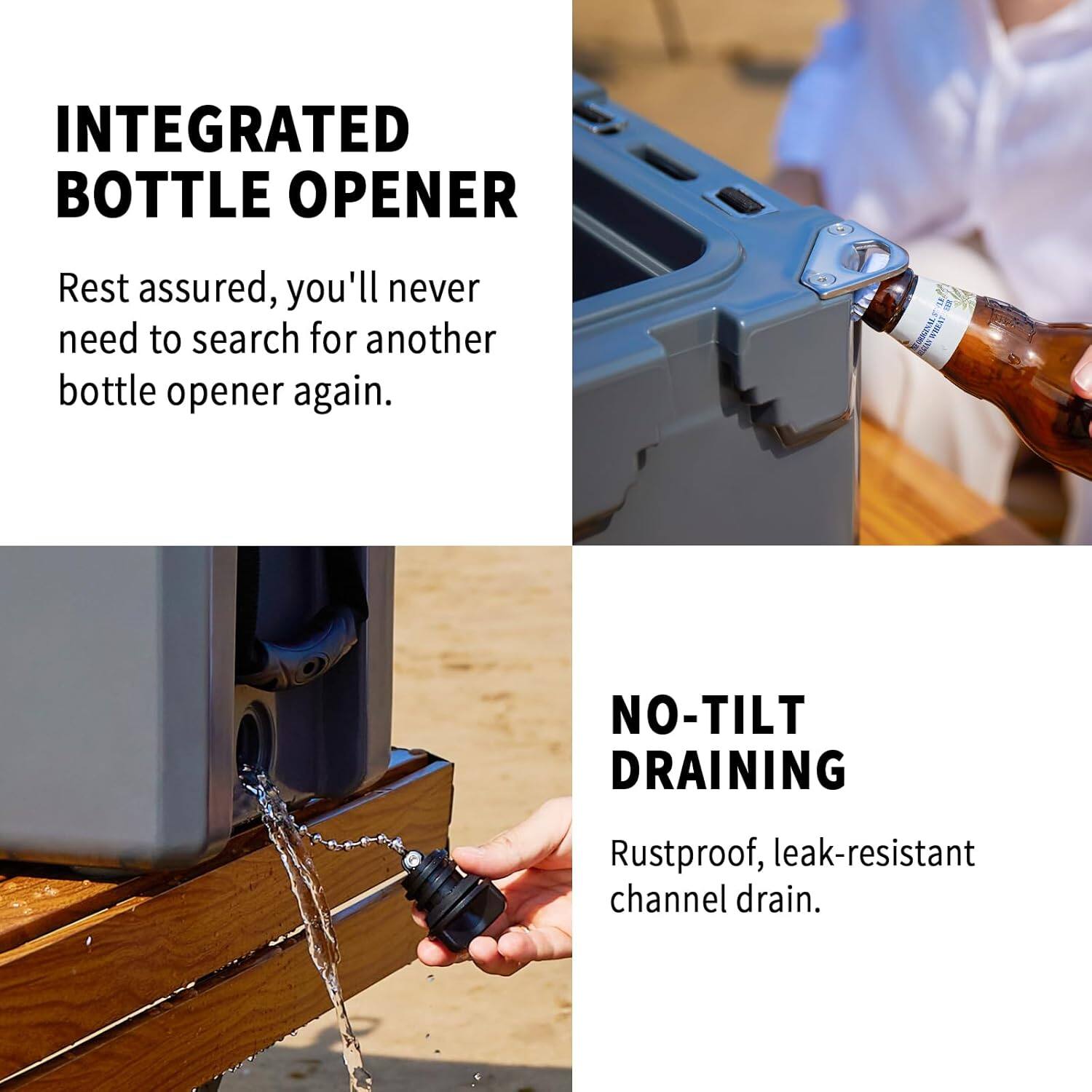 INTEGRATED BOTTLE OPENER
Rest assured, you'll never need to search for another bottle opener again.

NO-TILT DRAINING
Rustproof, leak-resistant channel drain.