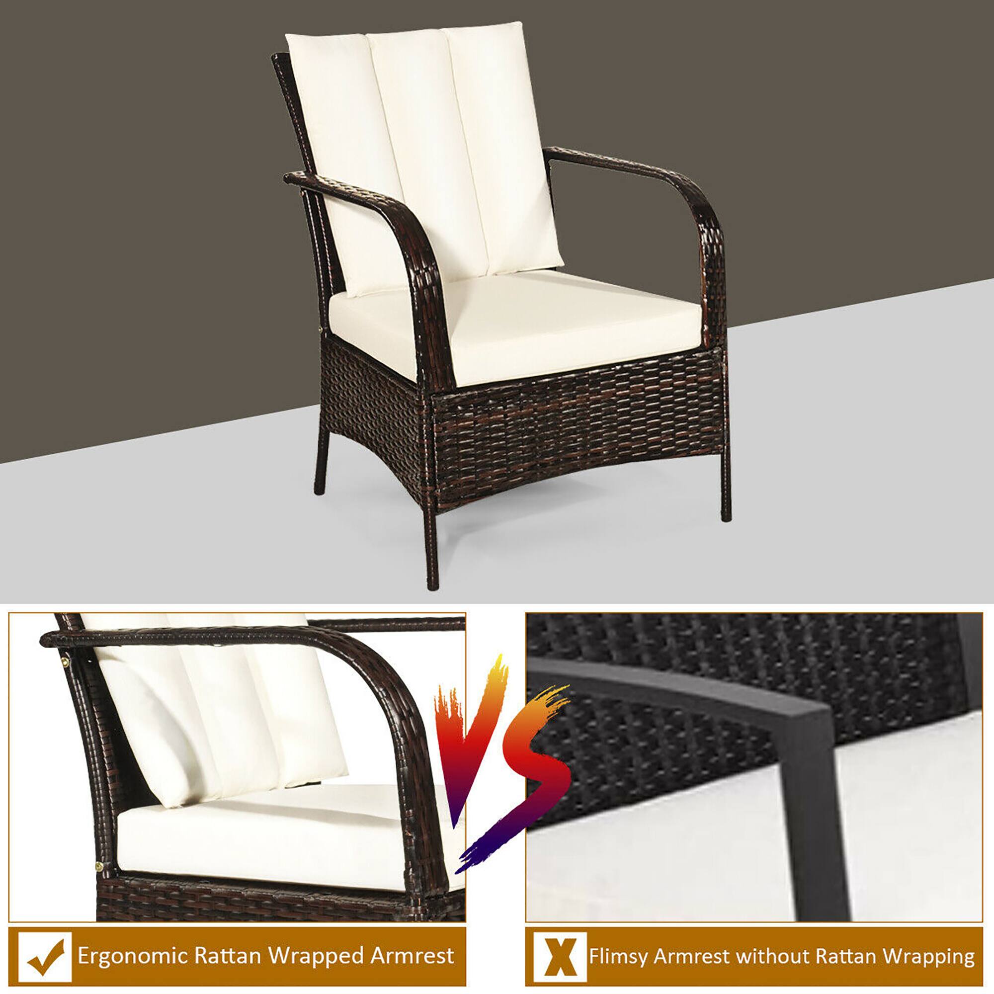 The image features two chairs, one with an ergonomic rattan wrapped armrest and the other with a flimsy armrest without rattan wrapping. The chairs are placed on a white background, and the armrests are the main focus of the image. The text on the image indicates that the ergonomic rattan wrapped armrest is more durable and supportive, while the flimsy armrest without rattan wrapping is less sturdy and may not provide the same level of comfort and support.