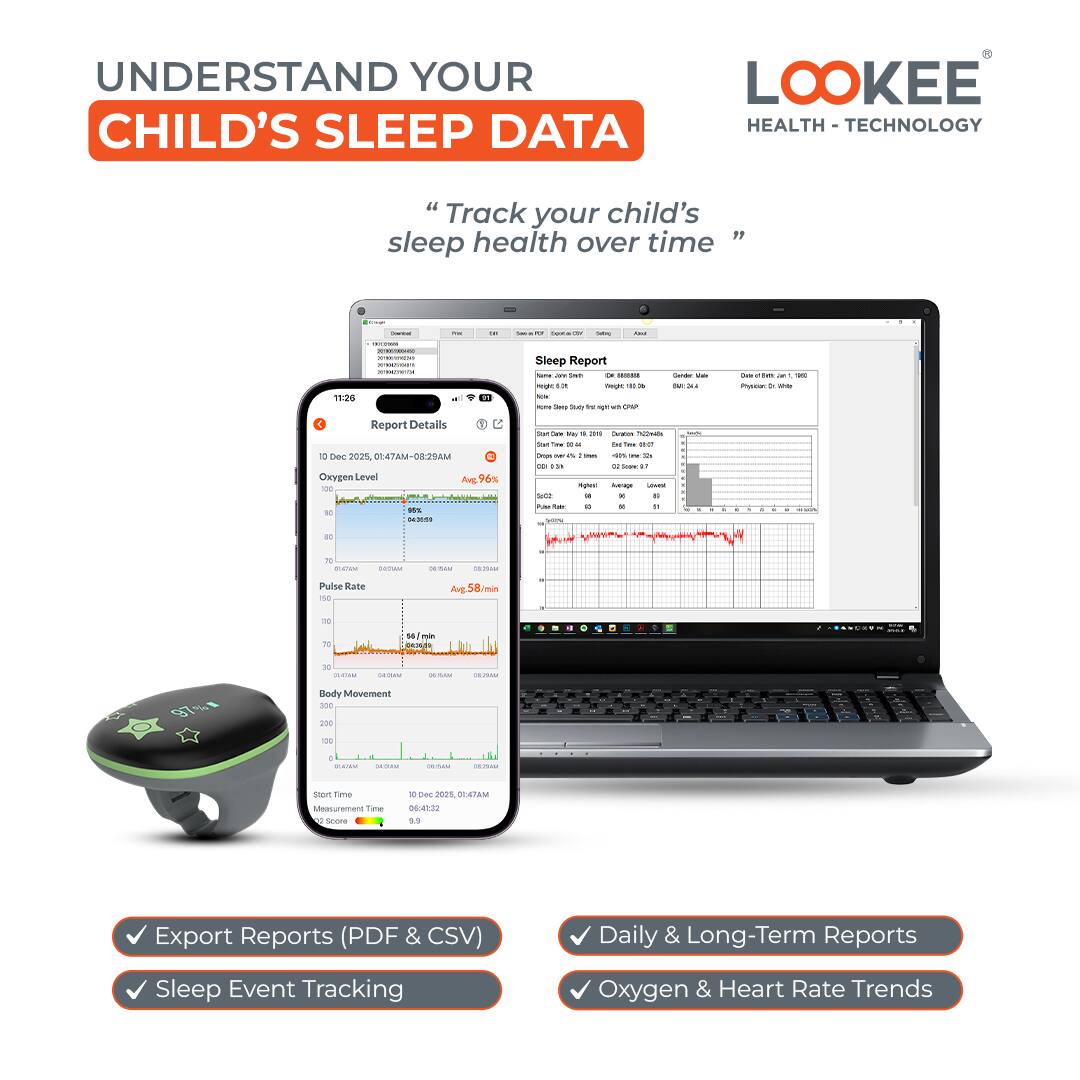 UNDERSTAND YOUR CHILD'S SLEEP DATA

"Track your child's sleep health over time"

- Export Reports (PDF & CSV)
- Sleep Event Tracking
- Daily & Long-Term Reports
- Oxygen & Heart Rate Trends