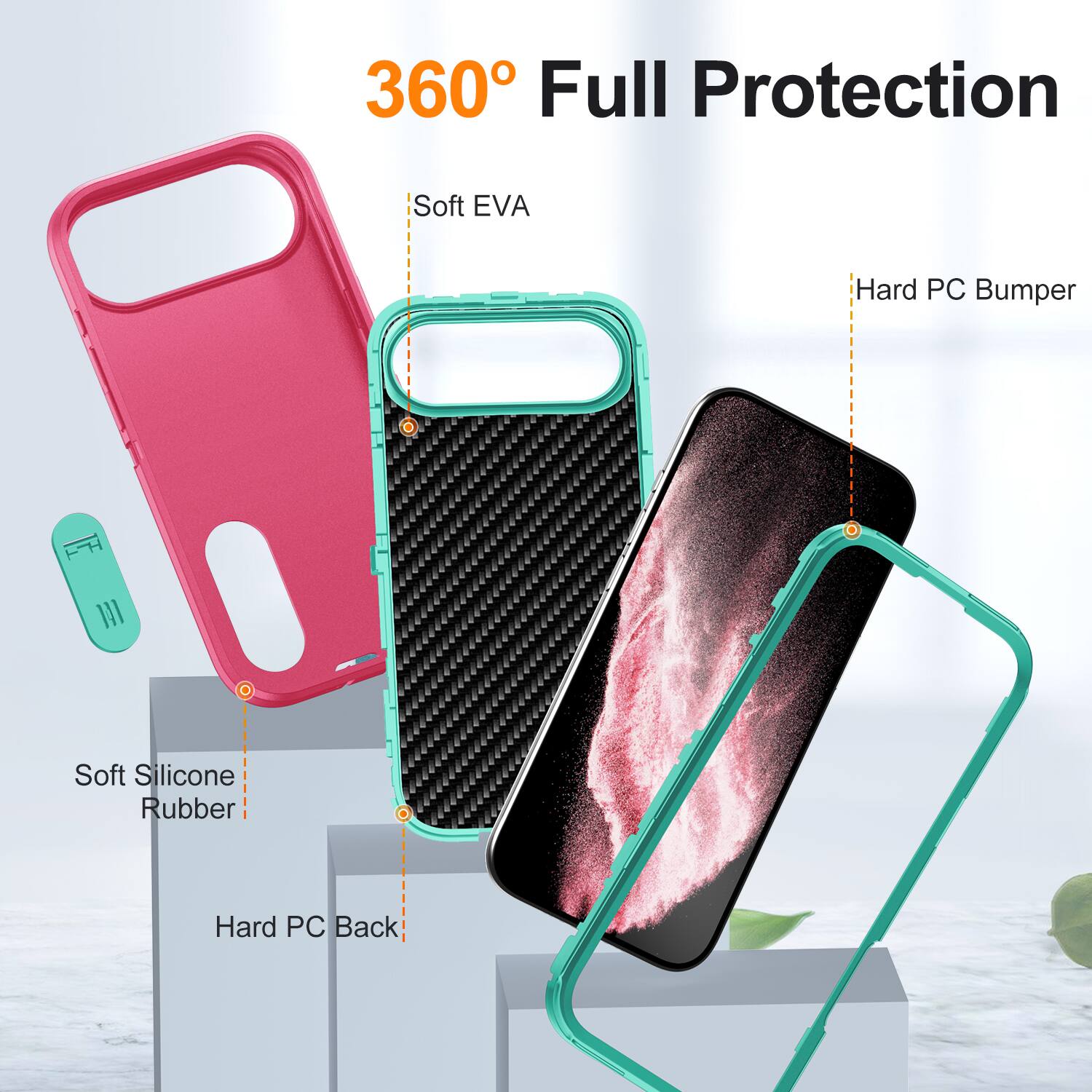360° Full Protection

- Soft EVA
- Hard PC Bumper
- Soft Silicone Rubber
- Hard PC Back