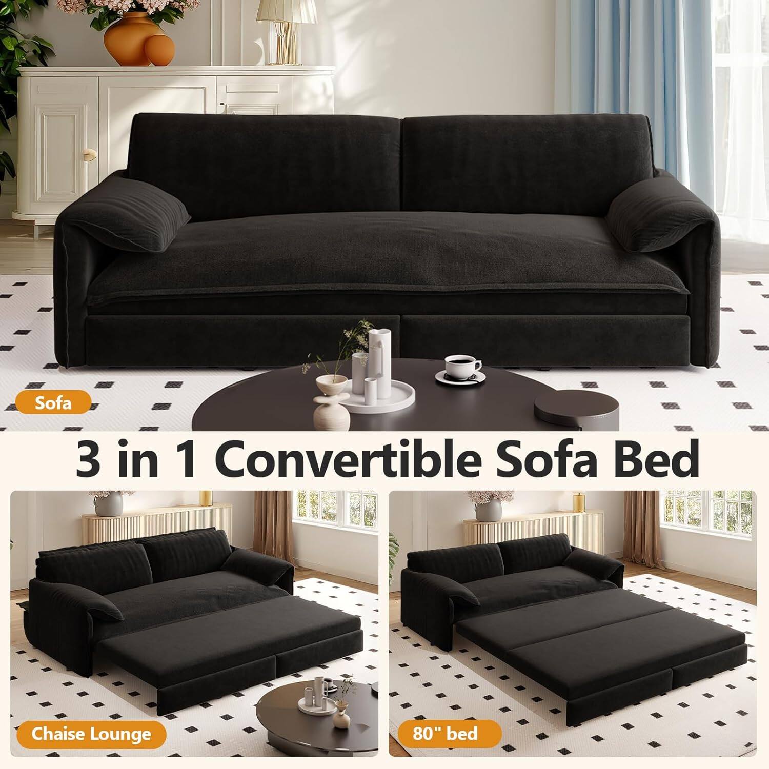 Sofa 3 in 1 Convertible Sofa Bed Chaise Lounge 80" bed