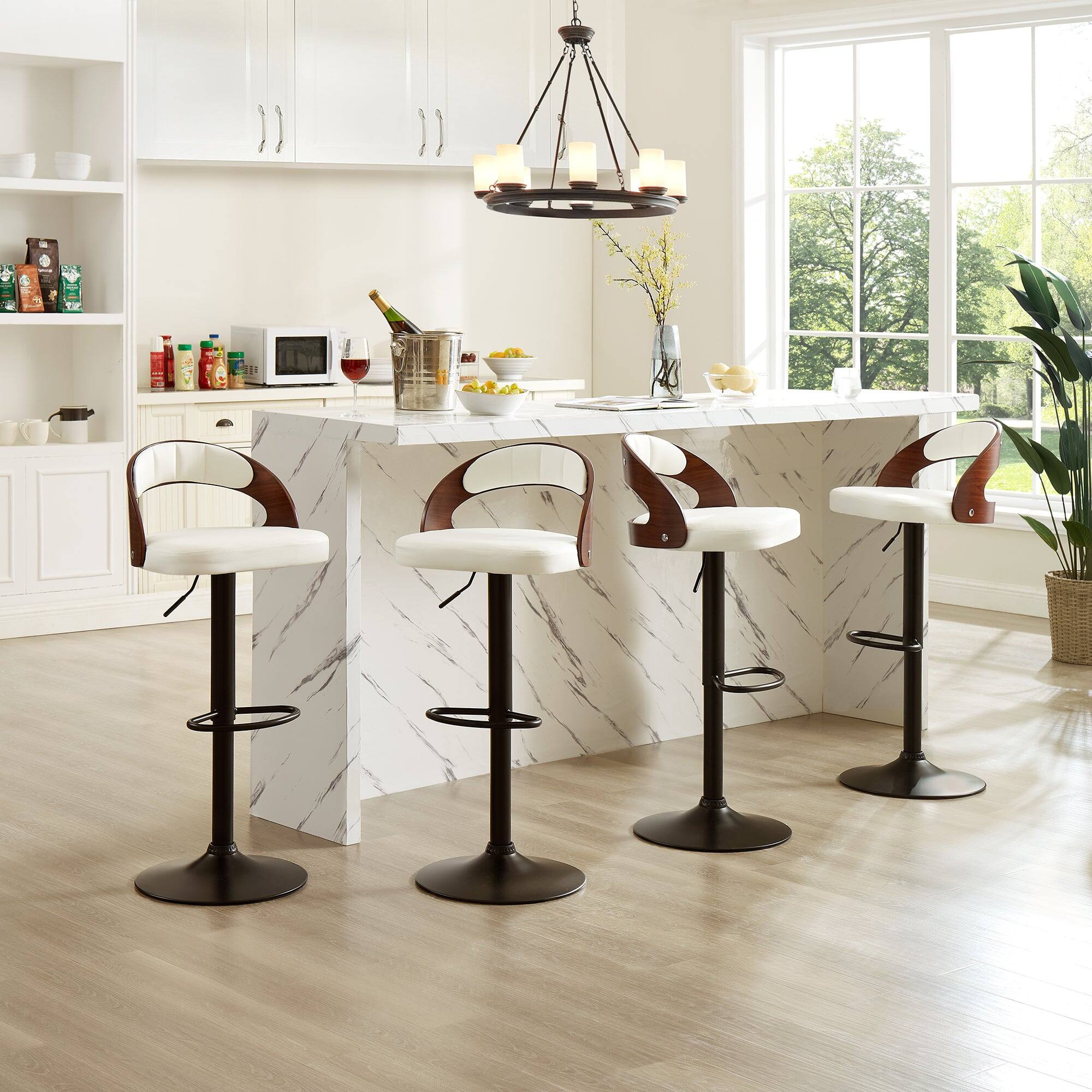 Alt View 1. Vecelo - Set of 2 Swivel Bar Stools with Adjustable Height - 360° Rotation, PU Leather & Metal Base, 330lb Capacity - White.
