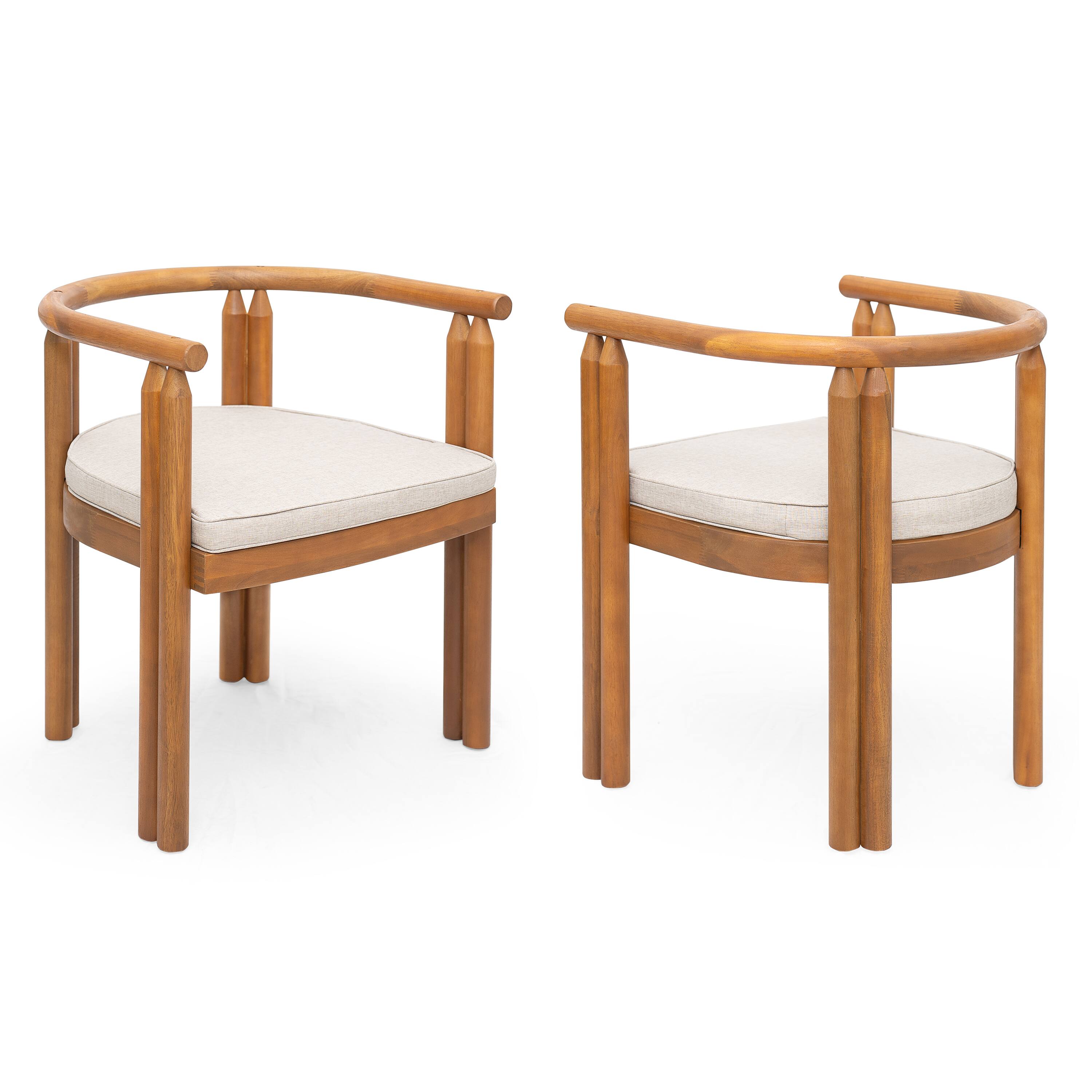 Left. Mondawe - Set of 2 Acacia Wood Armrest Dining Chair with Cushion - Teak+ Beige.