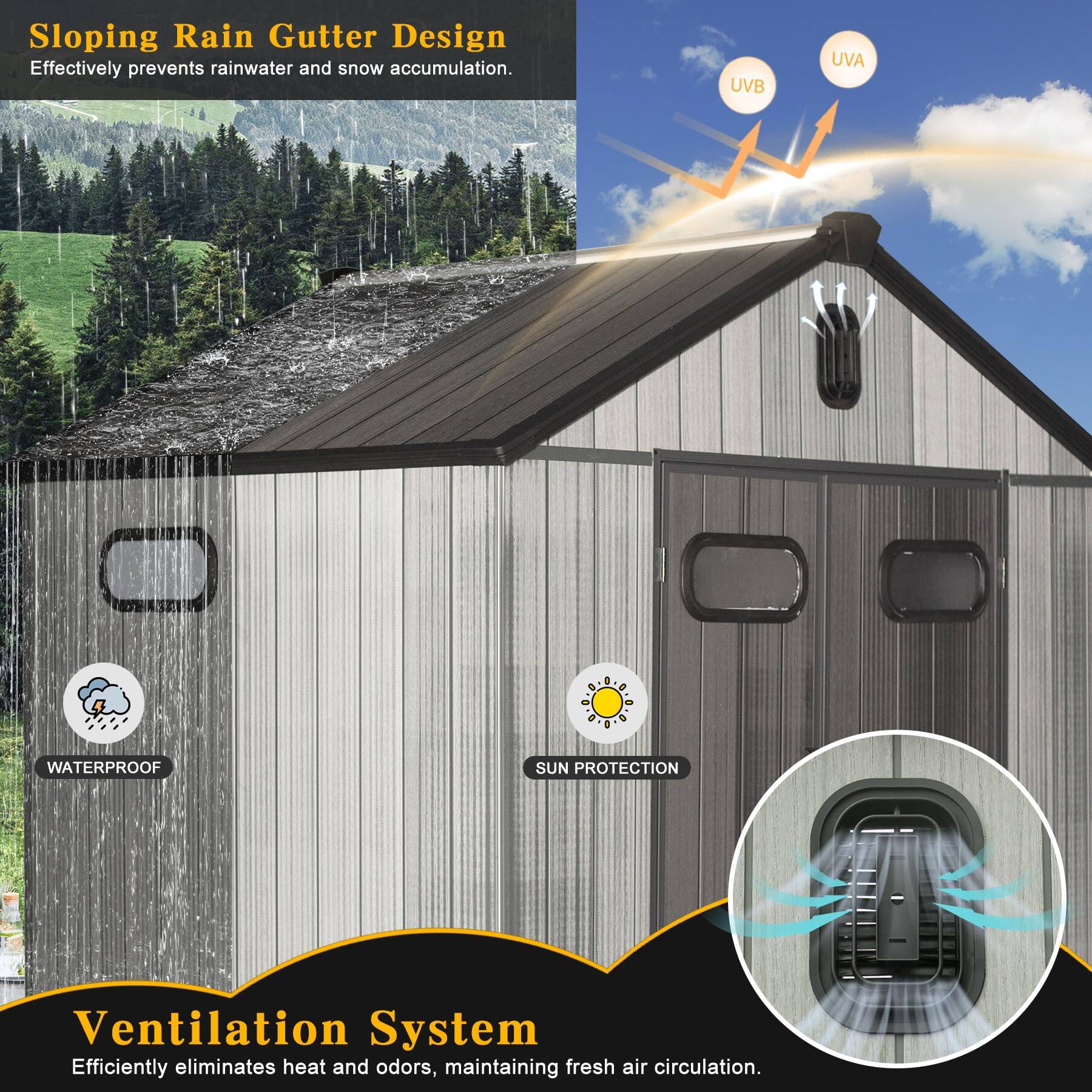 Sloping Rain Gutter Design  
Effectively prevents rainwater and snow accumulation.

UVB UVA  
WATERPROOF  
SUN PROTECTION

Ventilation System  
Efficiently eliminates heat and odors, maintaining fresh air circulation.