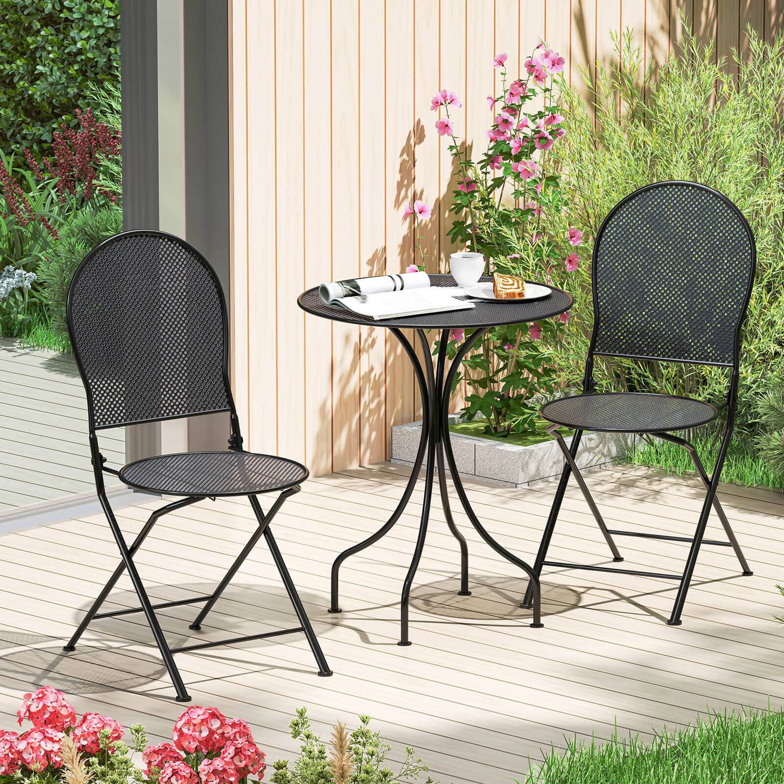 Alt View 1. Costway - Costway 3 PCS Metal Bistro Set Round Table & 2 Folding Chairs with Rattan-Like Pattern - Black.