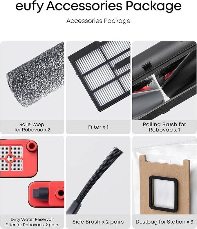 eufy Accessories Package

- Roller Mop for Robovac x 2
- Filter x 1
- Rolling Brush for Robovac x 1
- Dirty Water Reservoir Filter for Robovac x 2 pairs
- Side Brush x 2 pairs
- Dustbag for Station x 3